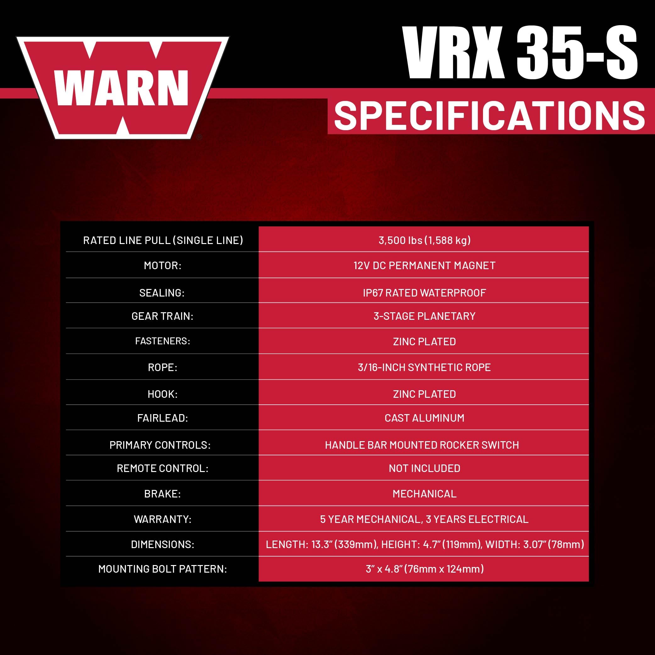 VRX 35-S WARN Powersports Winch with Handlebar Mounted Switch and Synthetic Rope: 3/16" Diameter x 50' Length, 1.75 Ton (3,500 lb) Capacity