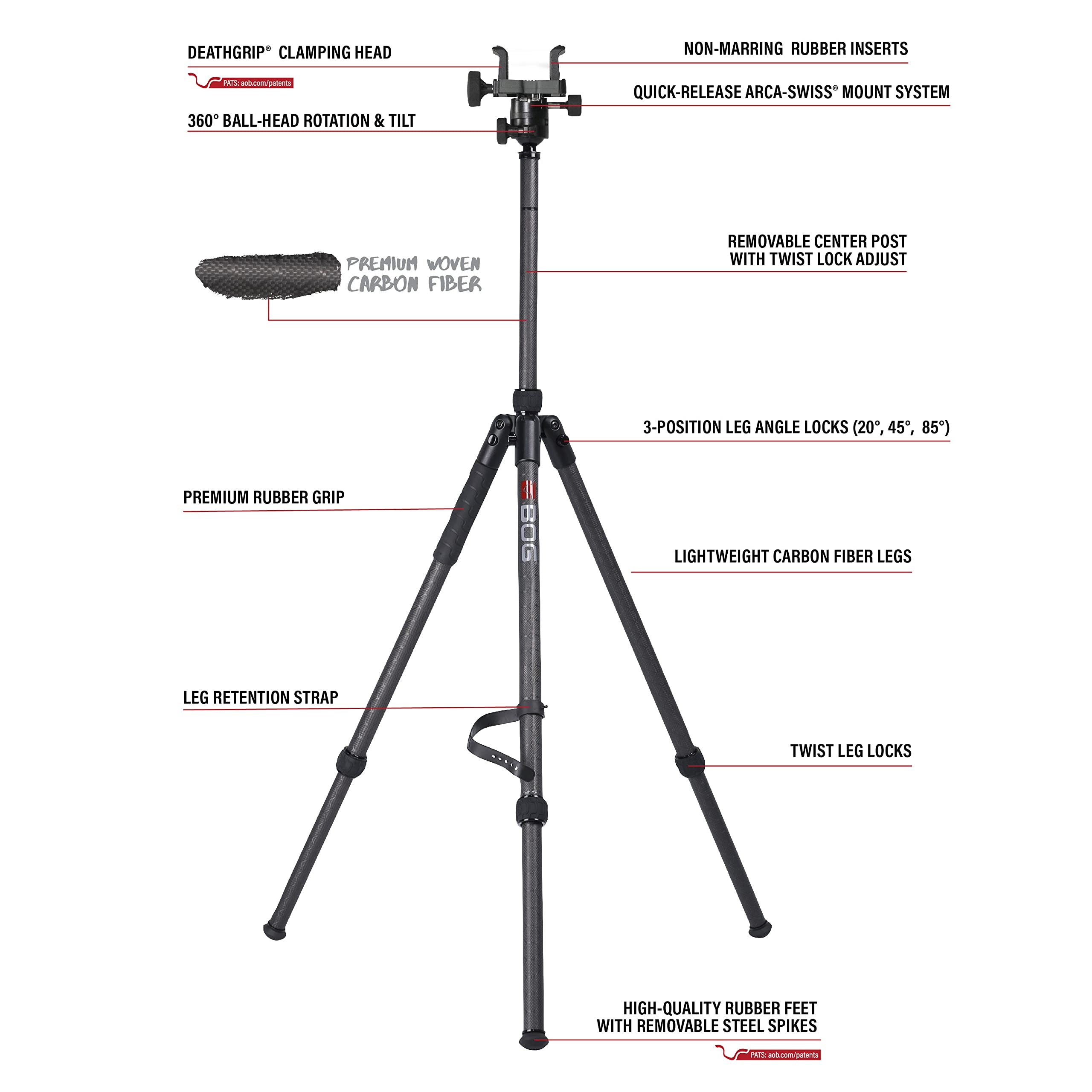 DeathGrip BOG Sherpa Carbon Fiber Tripod with Heavy Duty Construction, 360 Degree Ball Head, Quick-Release Arca-Swiss Mount System, and Optics Plate for Hunting, Shooting, Glassing, and Outdoors