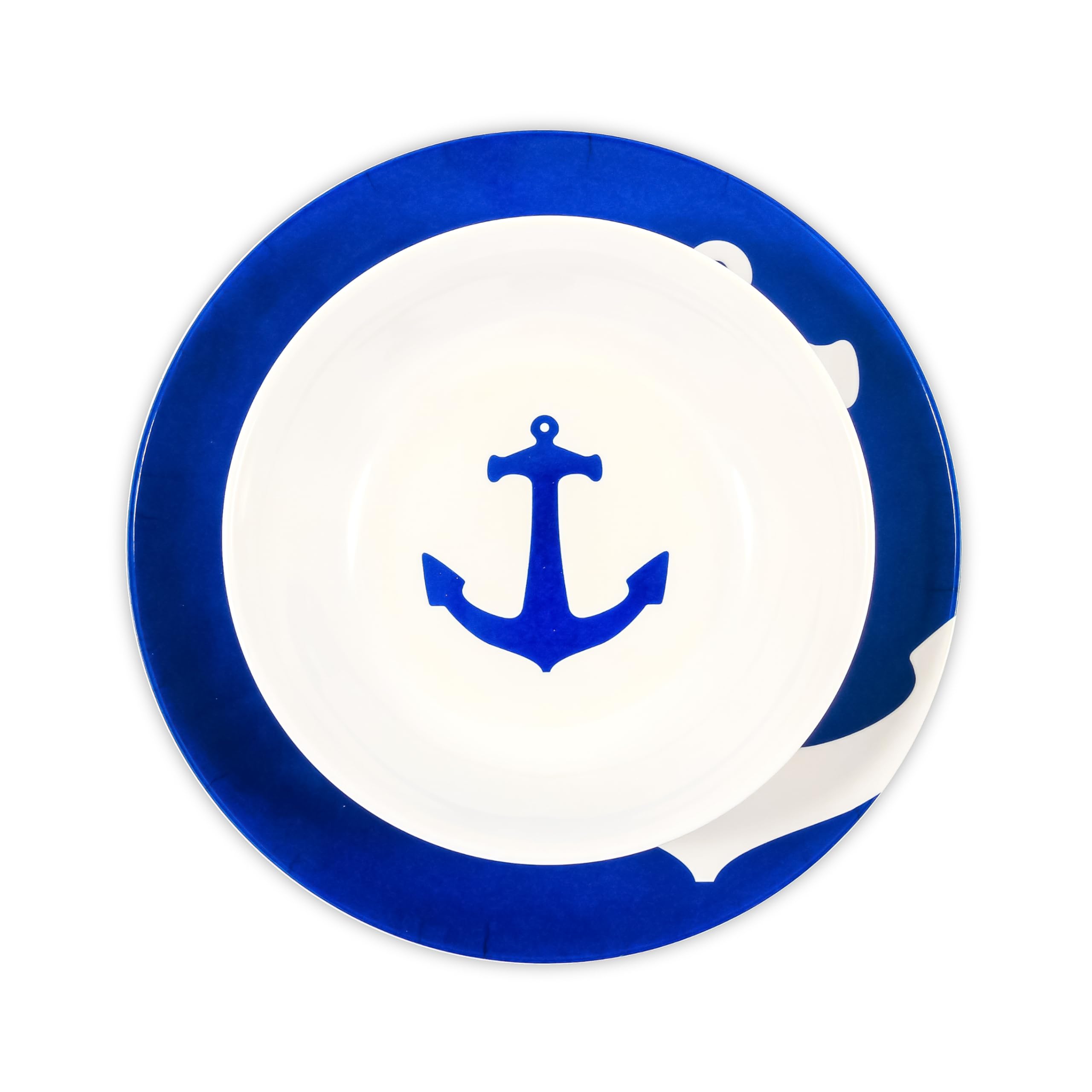 12 Piece Camco Melamine Dishware Set - Features Blue and White Nautical Design - Includes 4 Bowls, 4 Salad Plates, & $ Dinner Plates - Dishwasher Safe Dish Set (41951)