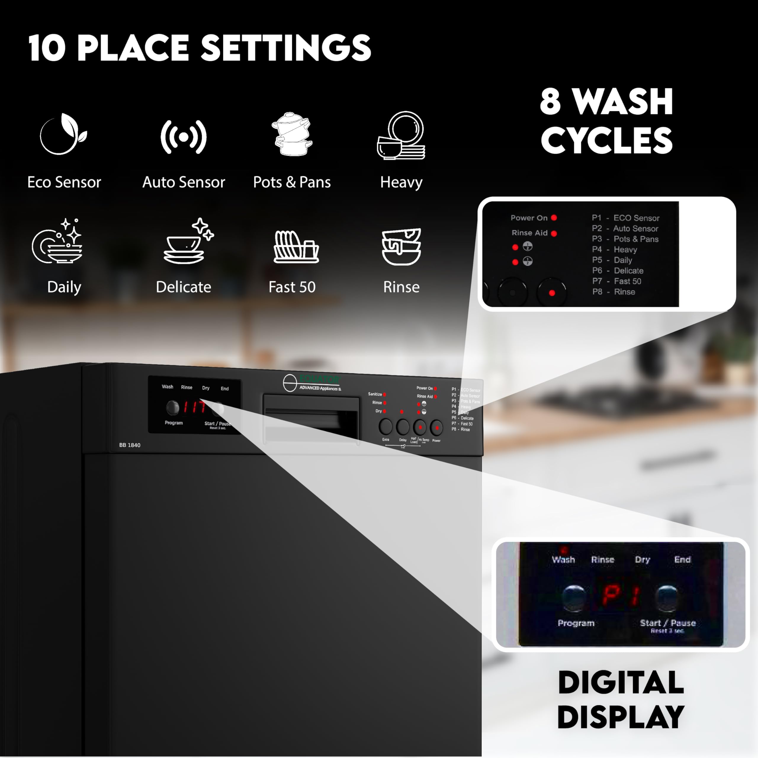 Equator 18" Built in Dishwasher 10 place Rack Wine 8 Wash Sensor Delay 1/2 Load 110V E-Star ADA in Black