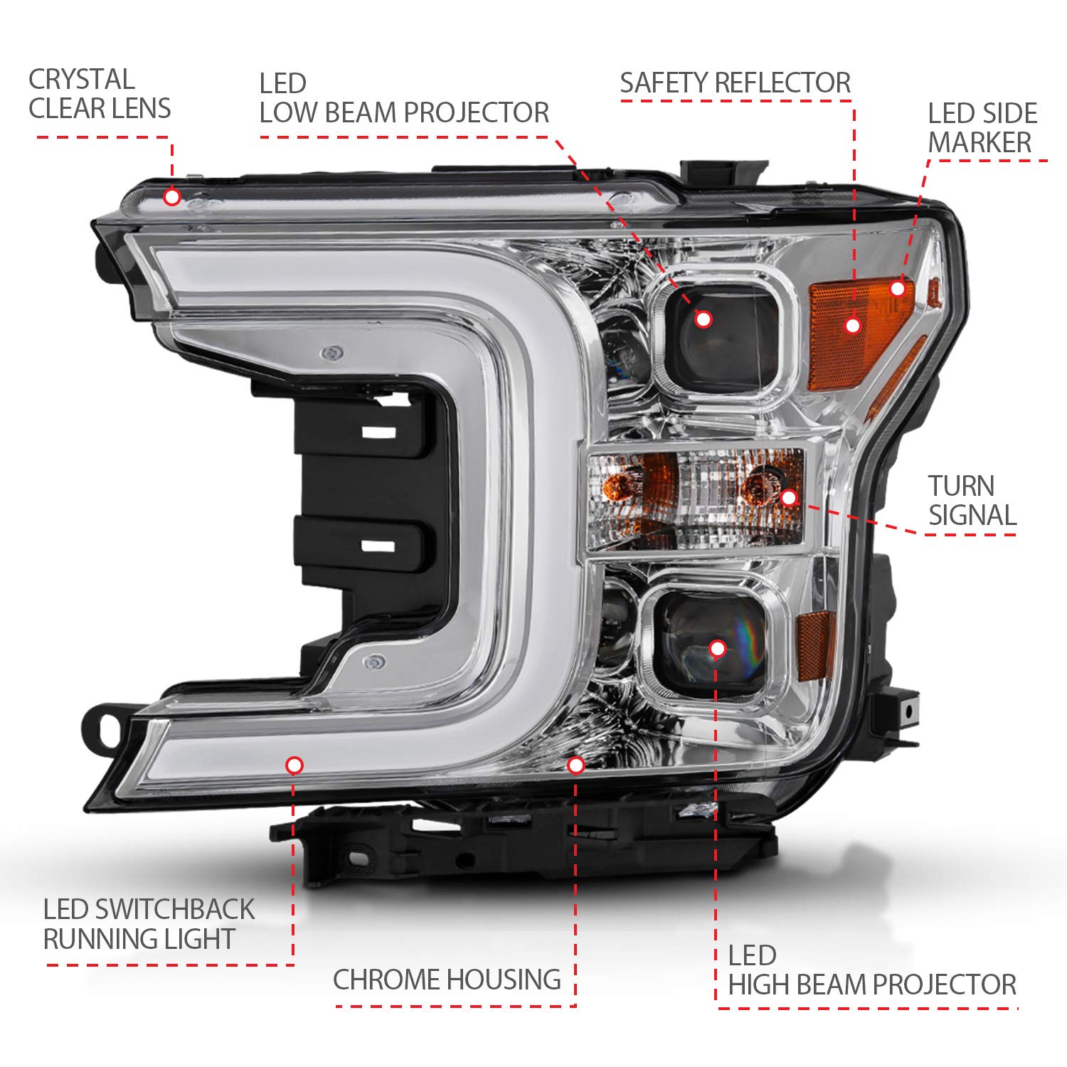 FORD F-150 ANZO USA 18-19 LED PROJECTOR PLANK STYLE SWITCHBACK HEADLIGHTS CHROME AMBER