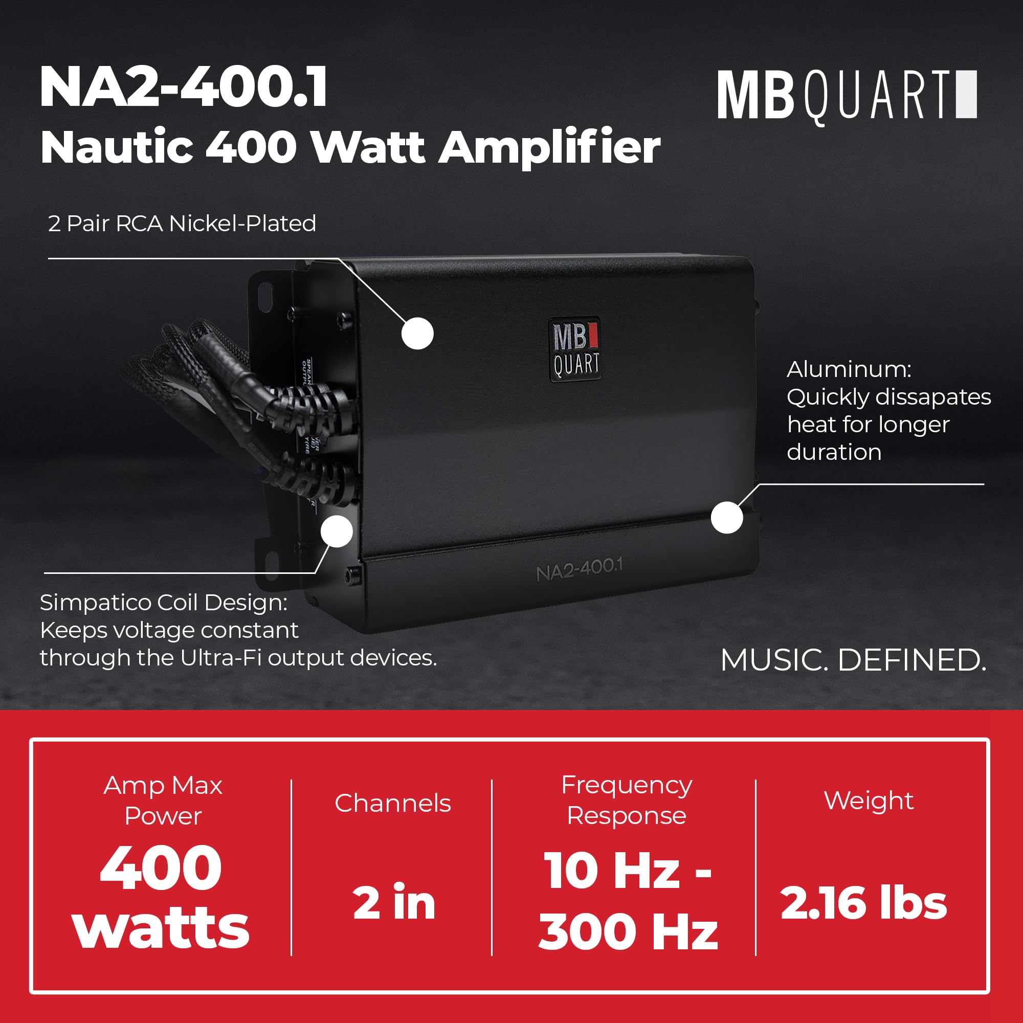 MB Quart Nautic Marine Powersports 1 Channel 400 Watt Maximum Power Full Range Class D Amplifier with PWM MOSFET Power, Black