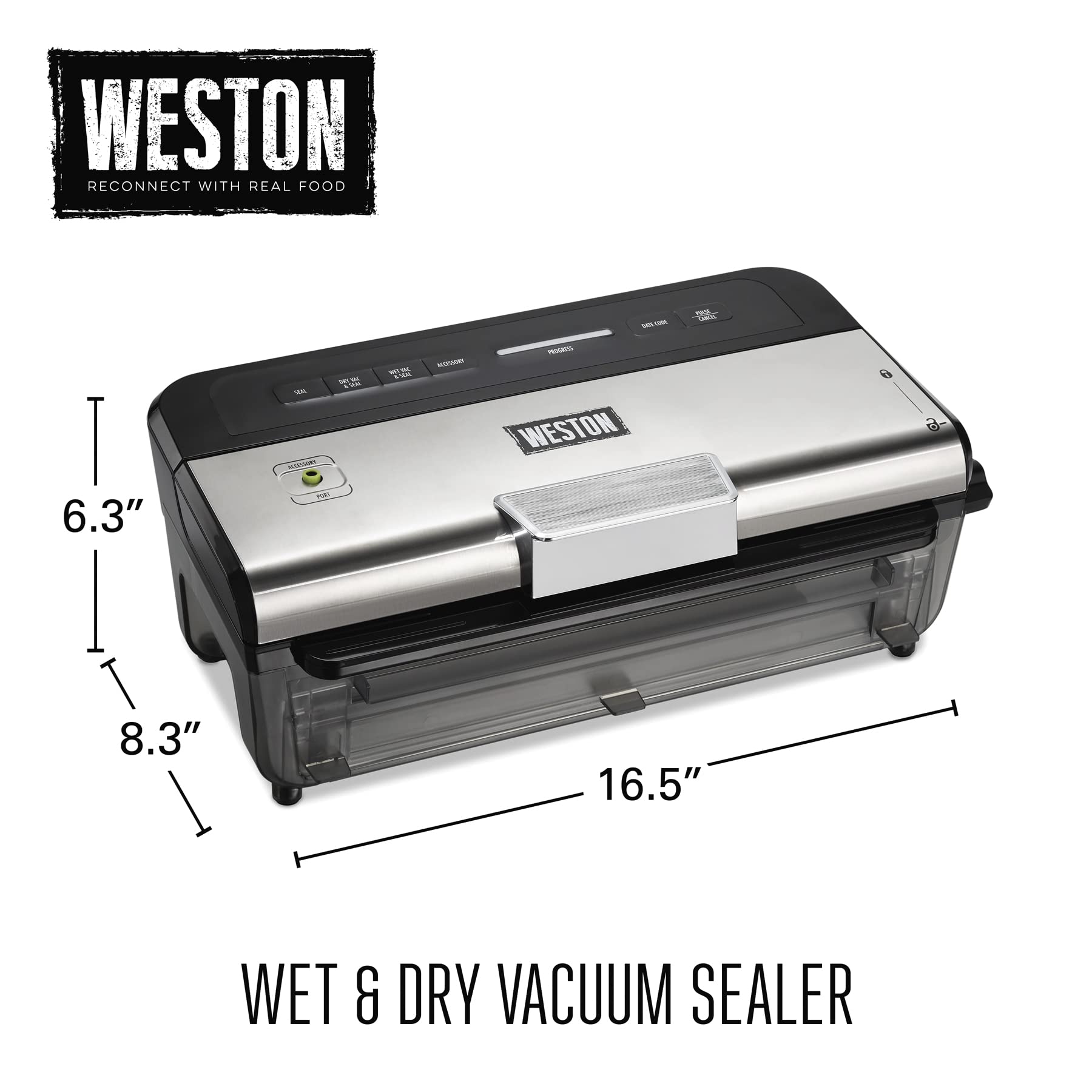 Wet & Dry Vacuum Sealer Machine WESTON BRANDS, Seals Liquid Foods Quickly and Consistently, Date Code Stamp, Built-In Cutter, Pulse Button, Includes 2 Rolls and 6 Easy-Fill Bags, Black (65-1601-W)