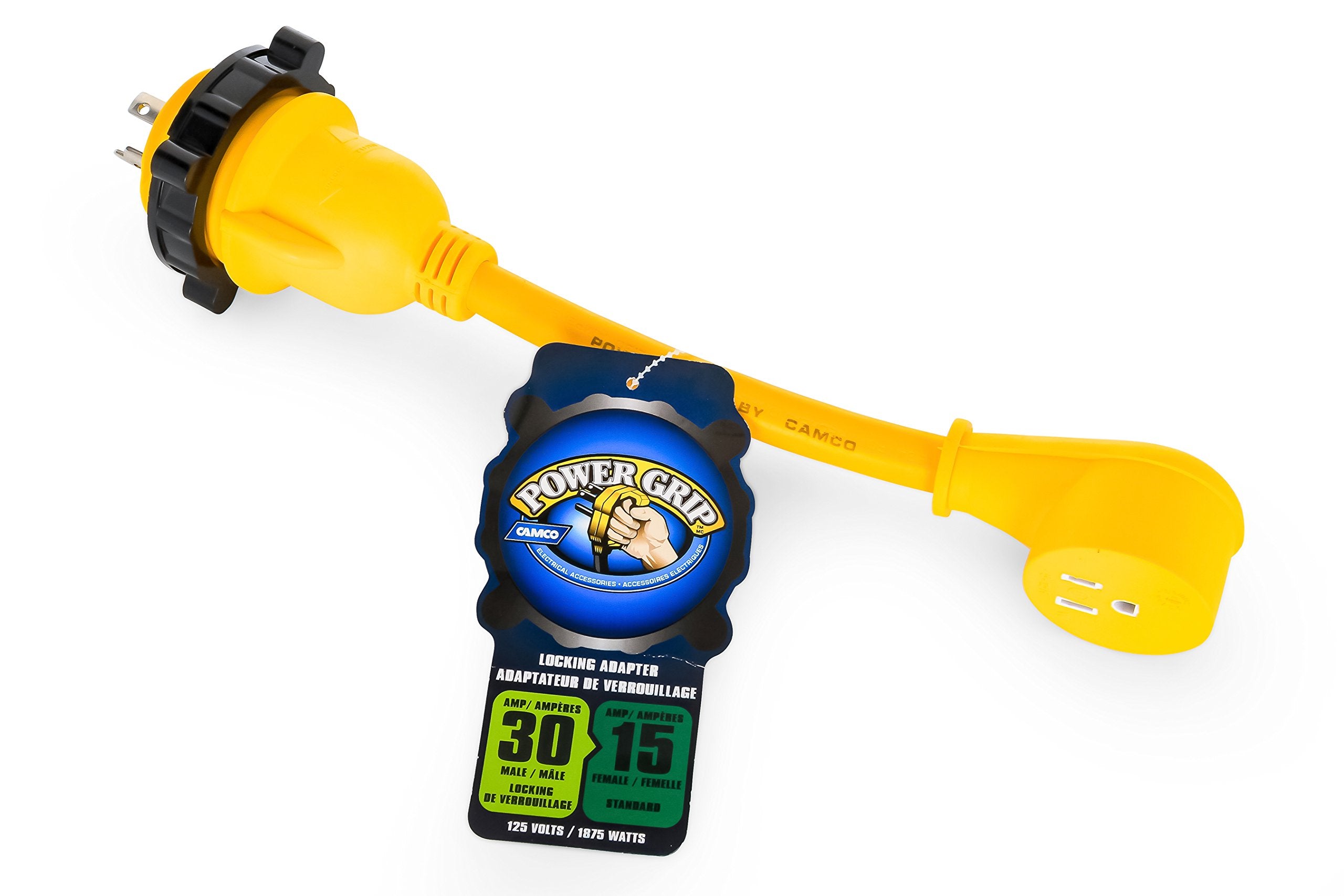 Camco 12" PowerGrip Electrical Adapter - 30 Amp Male Locking End to 15 Amp Female Standard End (55616)