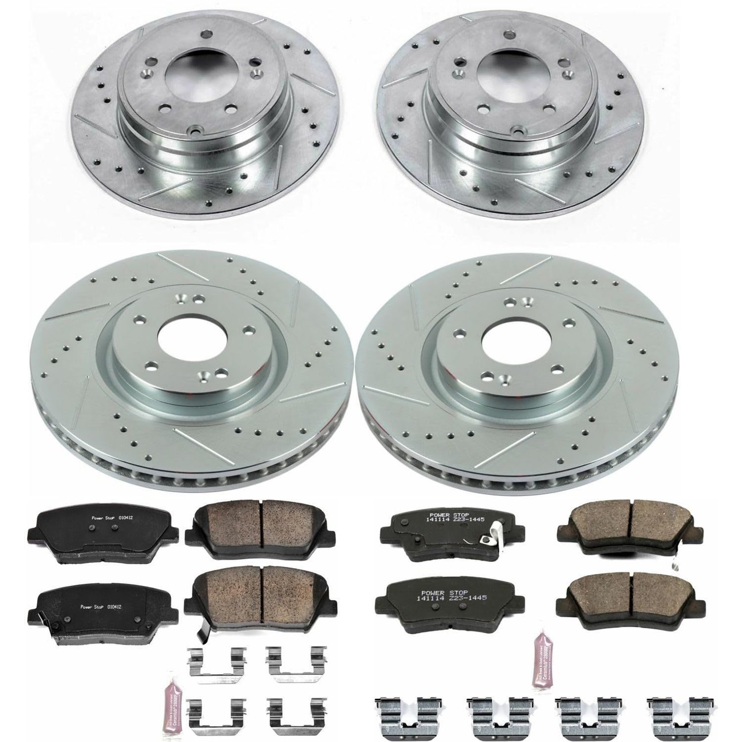 Power Stop K6765 Z23 Carbon Fiber Brake Pads Front and Rear with Drilled & Slotted Brake Rotors Kit For Hyundai Azera 2012-2017 [Model Specific]