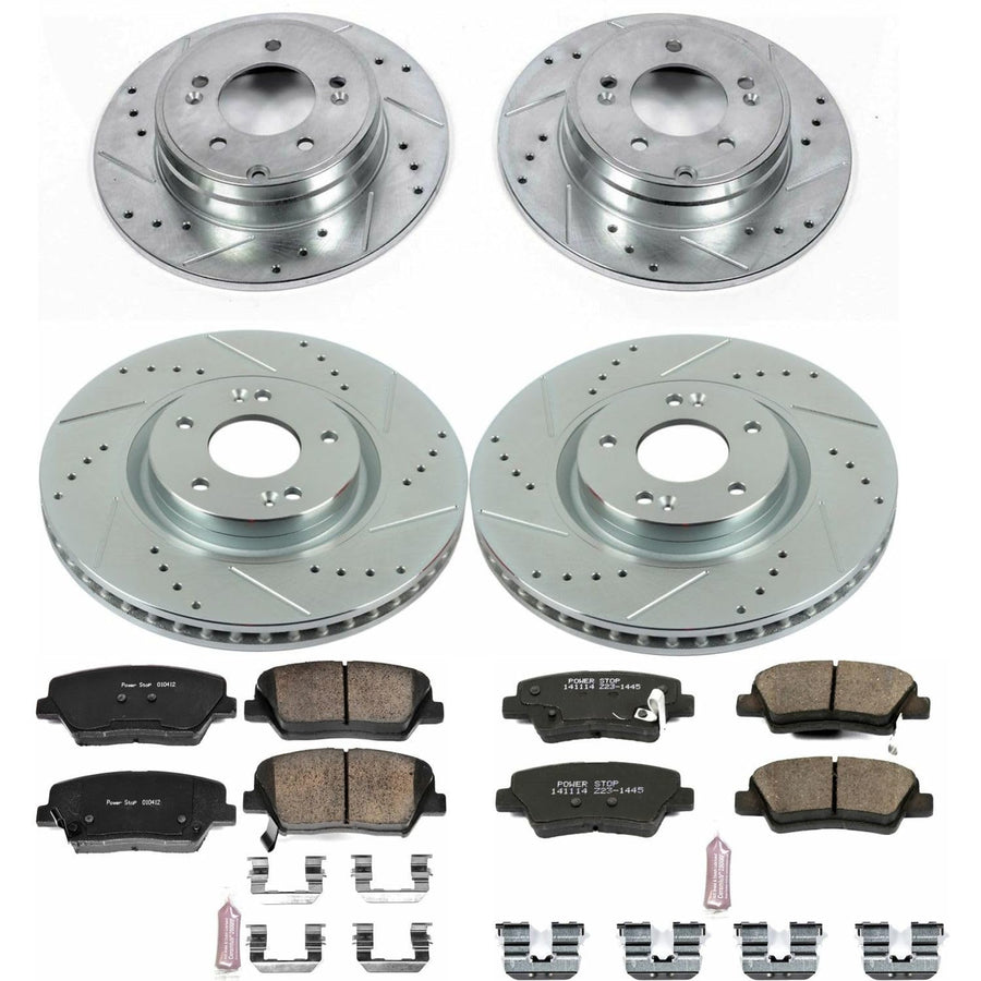 Power Stop K6765 Z23 Carbon Fiber Brake Pads Front and Rear with Drilled & Slotted Brake Rotors Kit For Hyundai Azera 2012-2017 [Model Specific]
