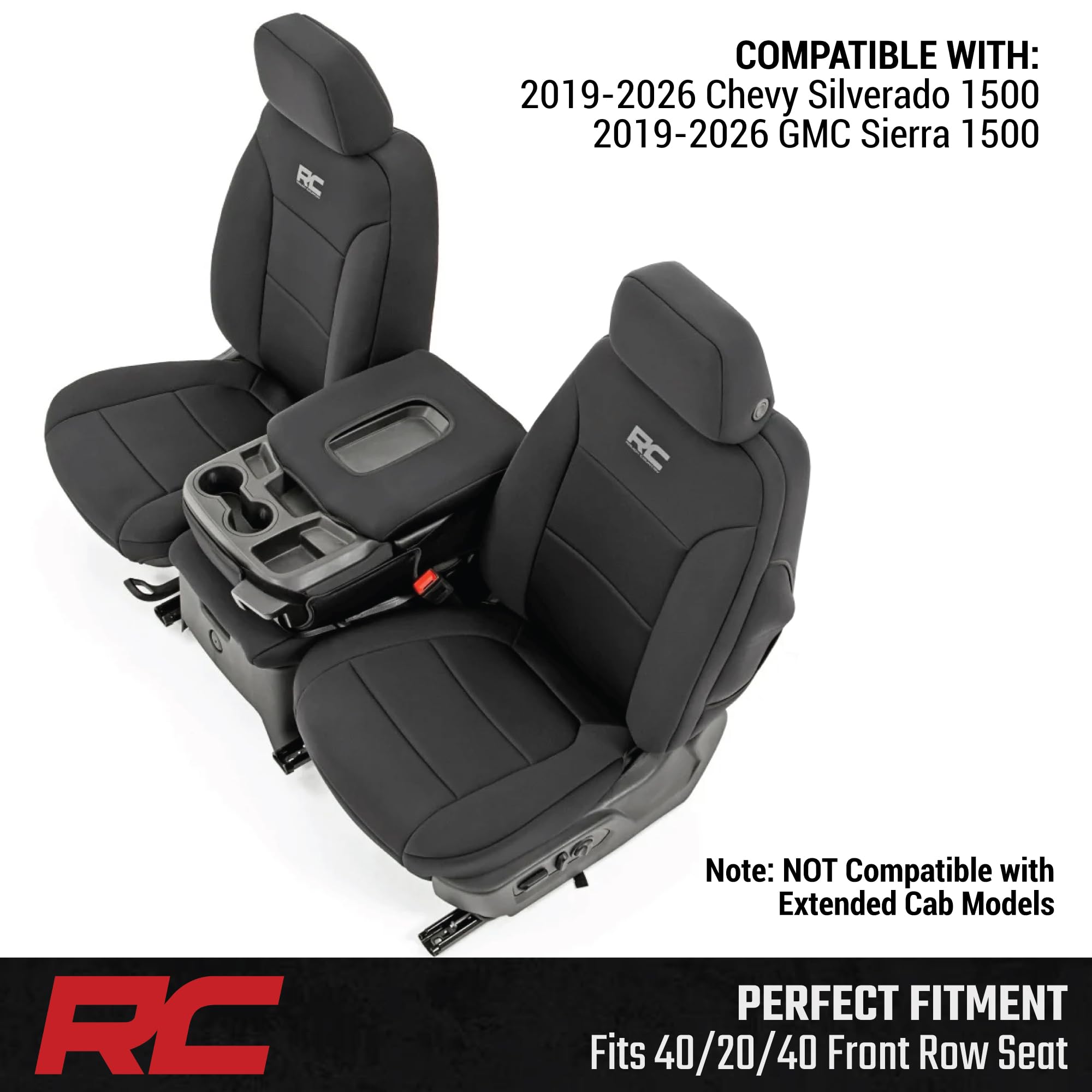 Rough Country Front Seat Covers Neoprene for Chevy Silverado & GMC Sierra 1500 (2019-2026) - Waterproof & UV Resistant, Foam Padded, Front Row Cover Set