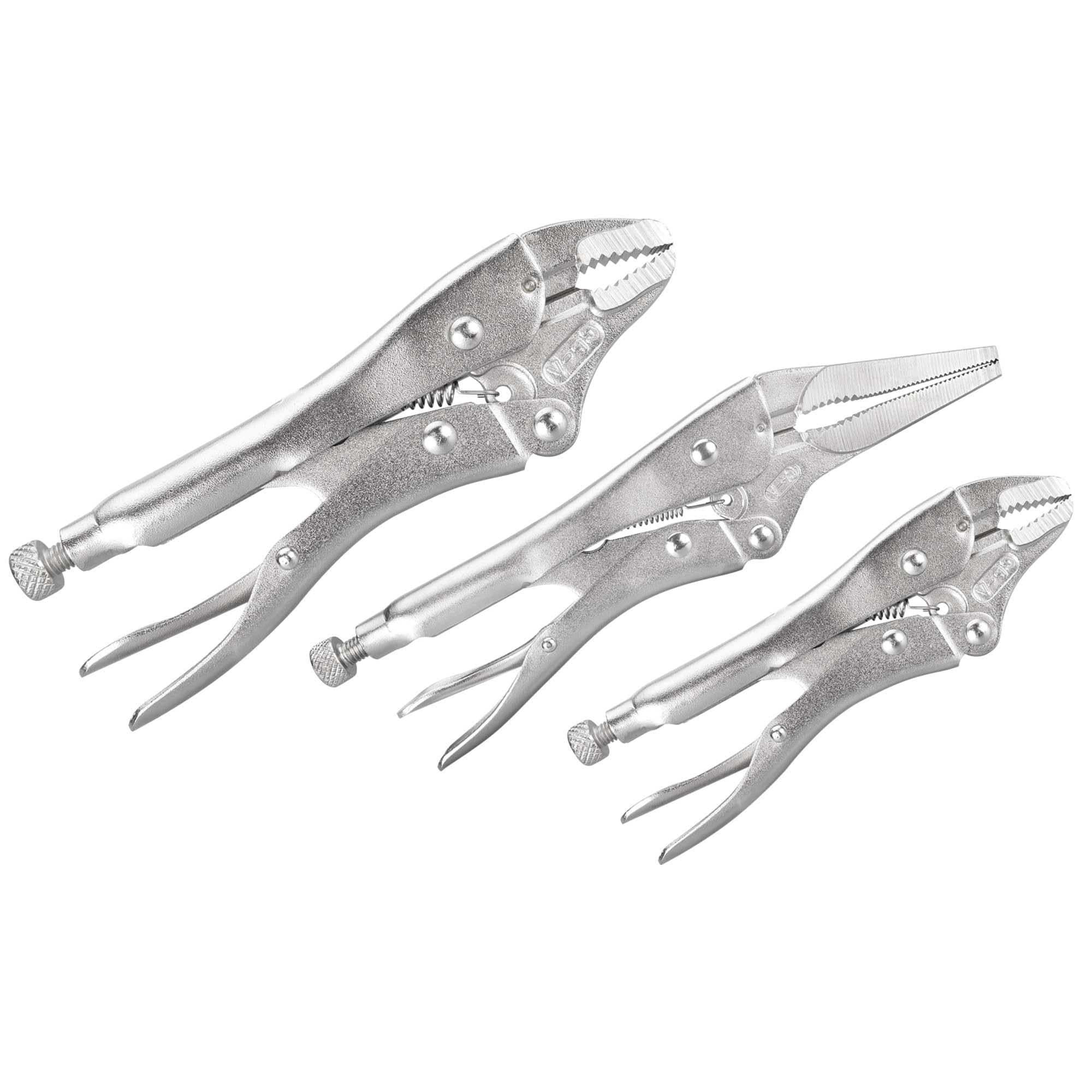 Performance Tool 3-Piece W1782 Locking Pliers Set, Wire Cutters, Heat-Treated Alloy Steel, Hardened Mill Teeth, Nickel Plating, Quick Release Levers, Includes Set of 5, 6, and 7-Inch Locking Pliers