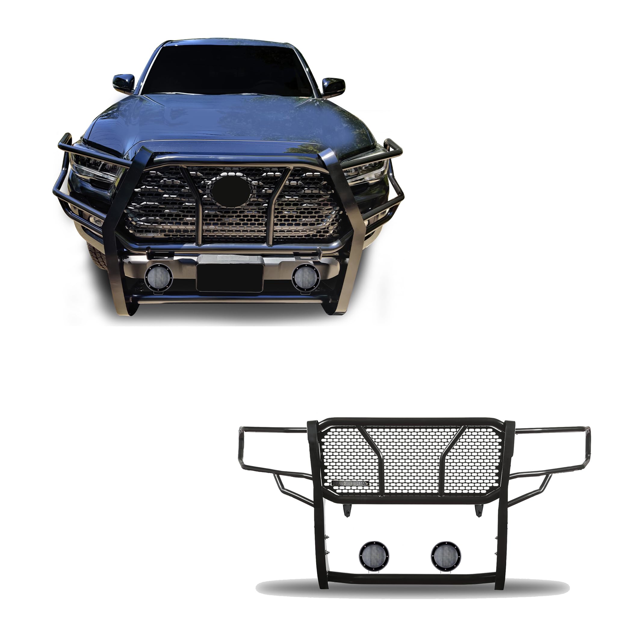 Heavy Duty Black Horse Rugged Grille Brush Bumper Guard Modular Black Come with Pair of 5.3" Dia.LED Lights with Black Trim Rings Compatible with 2016-2023 Toyota Tacoma-RU-TOTA16-B-PLFB