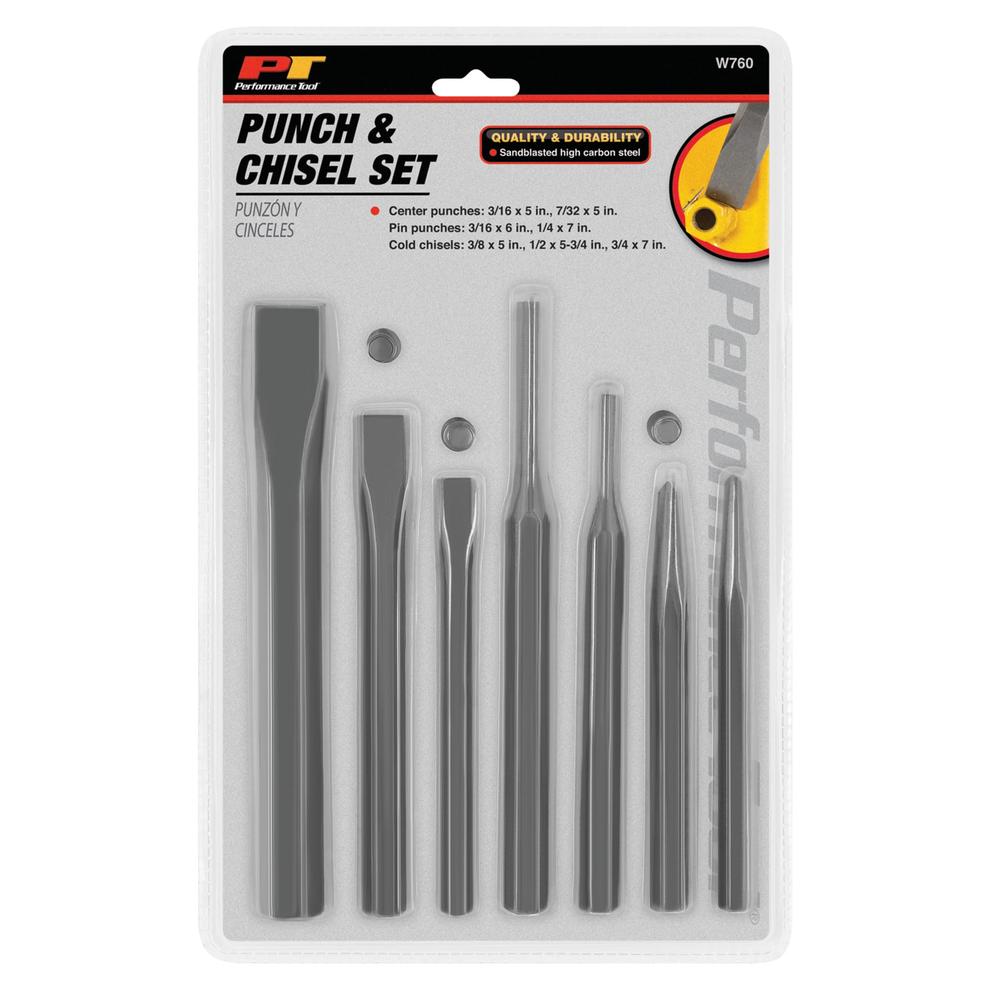 W760 Performance Tool 7-Piece Punch & Chisel Set, High Carbon Steel, Ideal for Metalwork