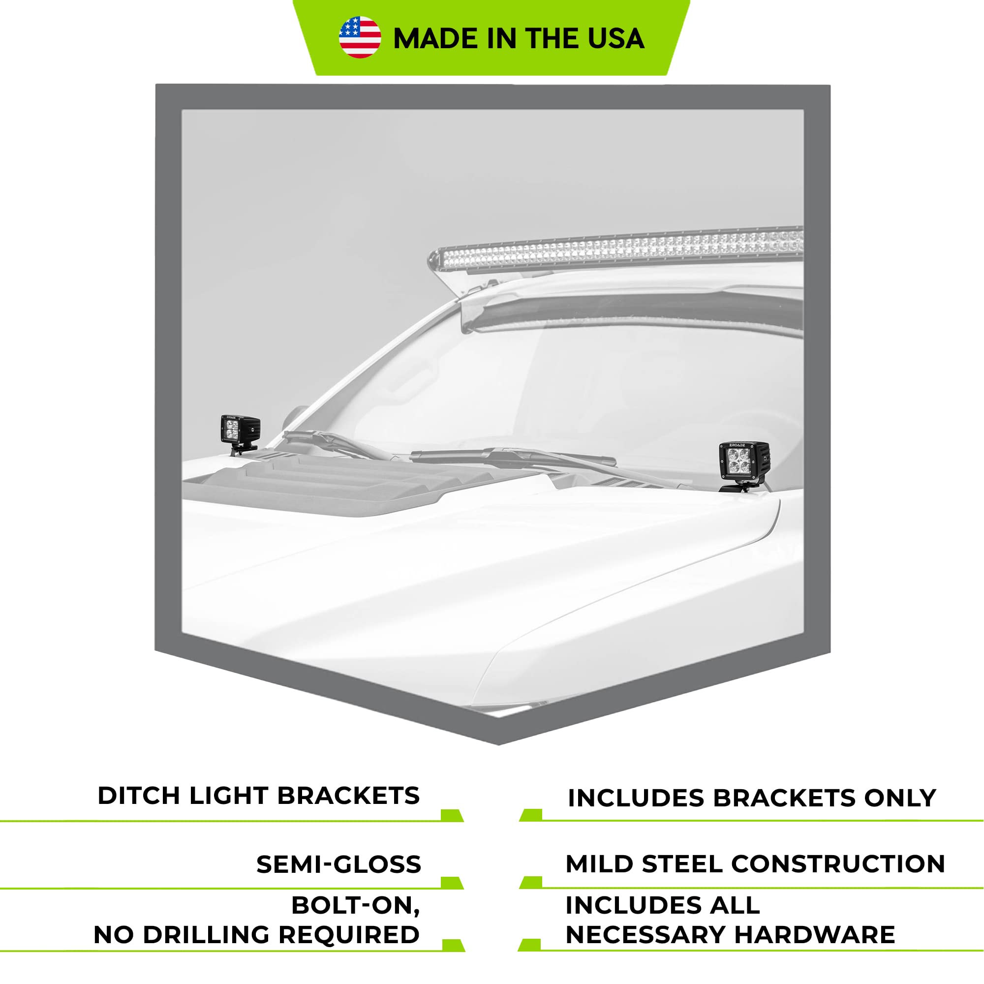 ZROADZ Hood Hinge Ditch LED Mounting Bracket - Compatible w/ 2017-2021 Ford F150 Raptor - to Mount (2) 3 Inch LED Pod Lights - Mild Steel Gloss Black - Bolt-On Easy Installation - PN #Z365701