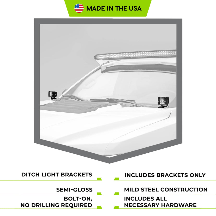 ZROADZ Hood Hinge Ditch LED Mounting Bracket - Compatible w/ 2017-2021 Ford F150 Raptor - to Mount (2) 3 Inch LED Pod Lights - Mild Steel Gloss Black - Bolt-On Easy Installation - PN #Z365701