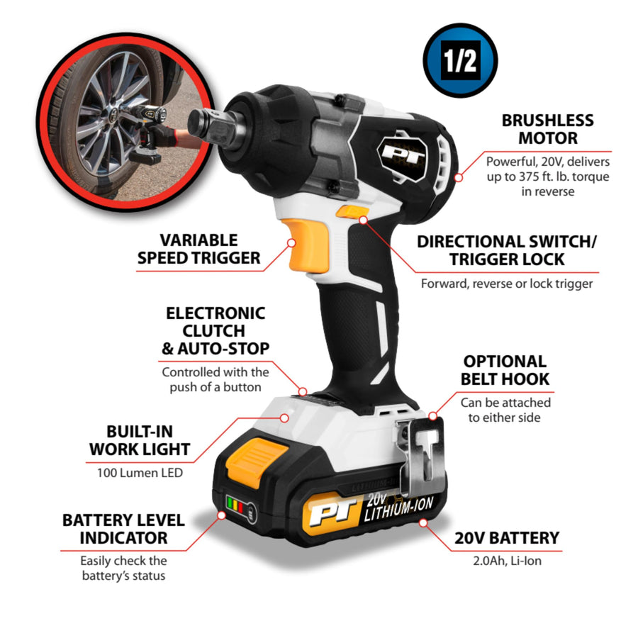 20V Li-Ion Performance Tool W7720 1/2-Inch Brushless Impact Wrench: 295 ft-lb Torque, 4-Speed Torque Settings, Auto-Stop Function, Reversible, LED Light, Quick Charger, White/Black