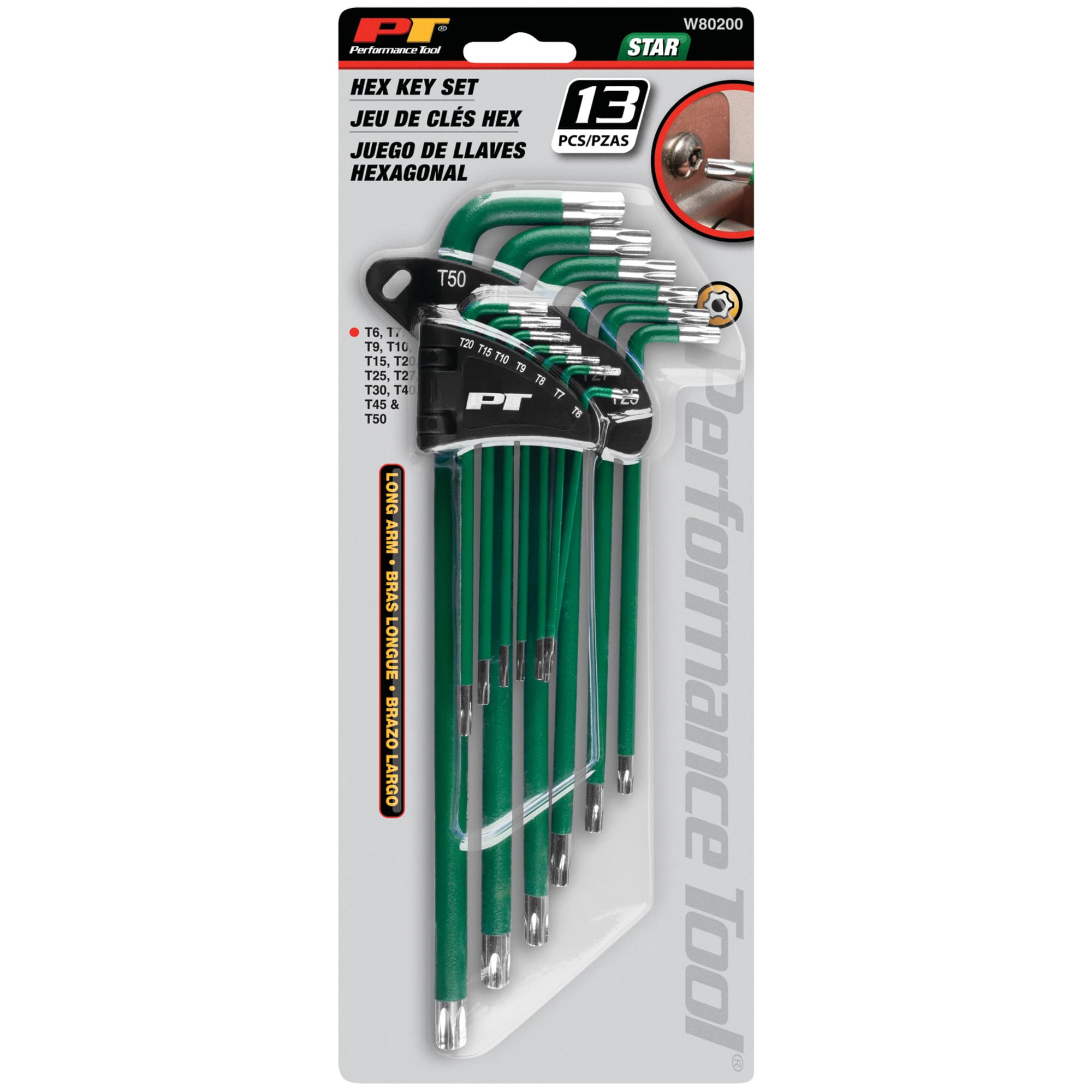 W80200 Performance Tool 13 Pc. Long Arm Star Key Set - For Star and Star Security Fasteners, Powder-Coated, Storage Organizer, Long Reach, Green