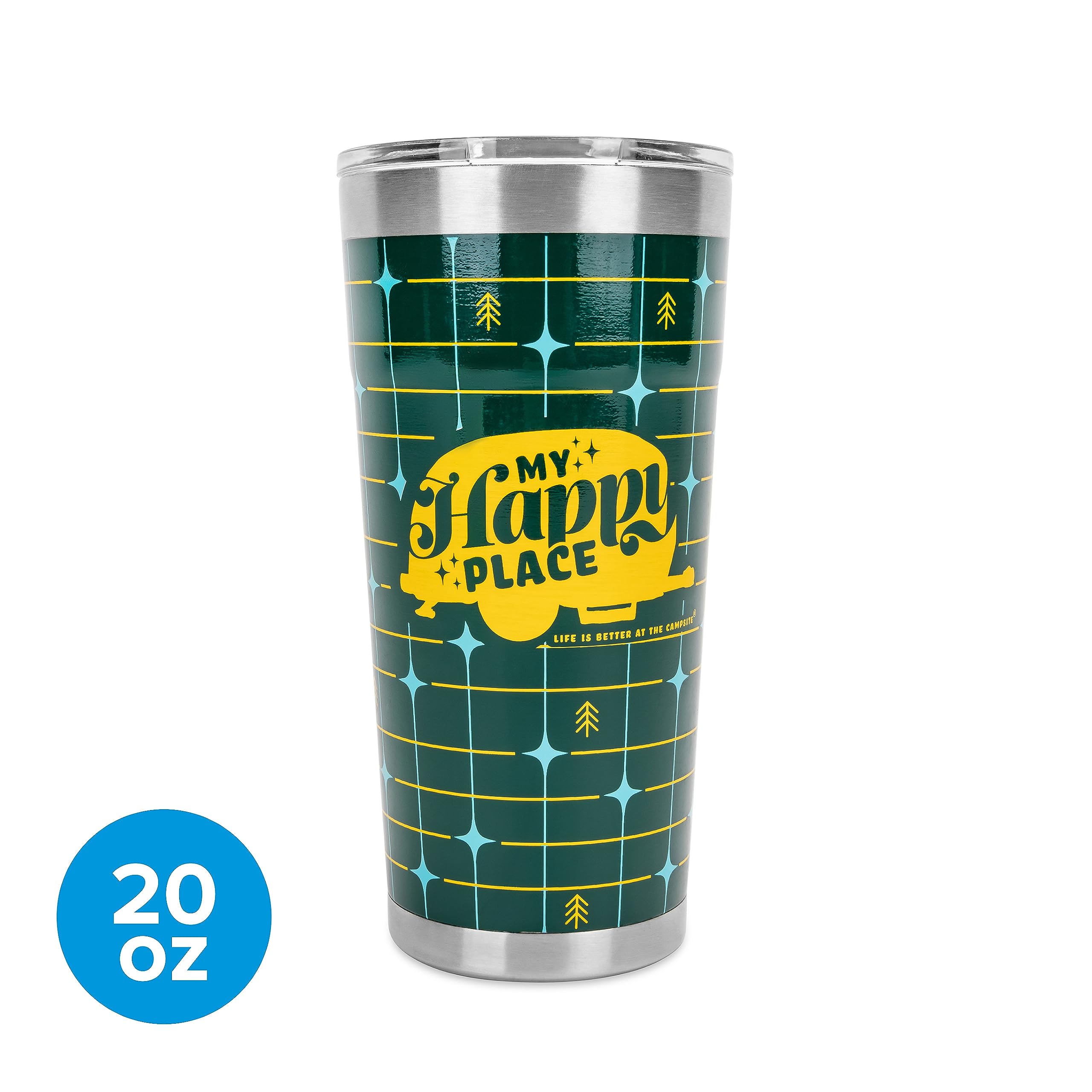 Wrapped Stainless Steel Tumbler Camco Life is Better at The Campsite - Features Double Wall Vacuum Insulation for Heat/Ice Retention & Unique My Happy Place Retro Plaid Design - Holds 20 oz. (53325)