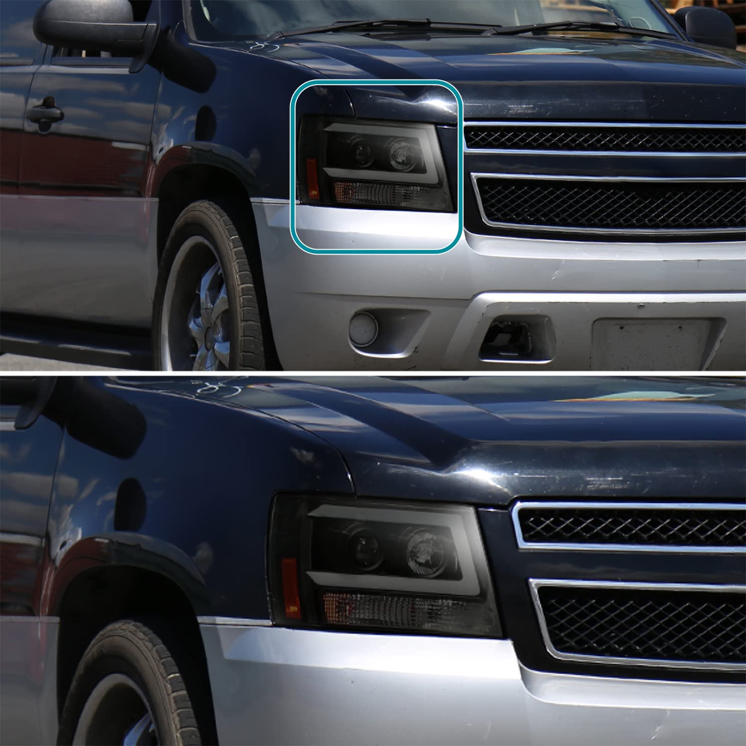 Black Smoke LED Light Bar Projector Headlights SPEC-D TUNING Compatible with 2007-2014 Chevy Avalanche, Tahoe, Suburban, Left + Right Pair Headlamps Assembly