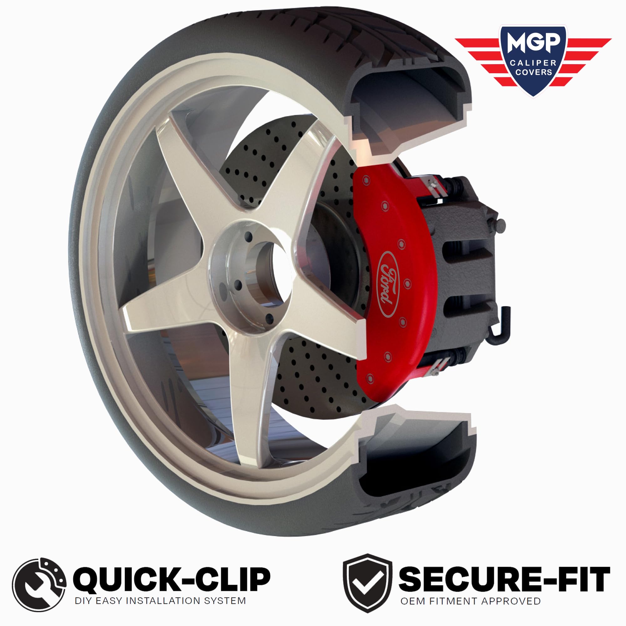 Brake Caliper Covers MGP - 2019-2023 Ford Ranger 2021-2023 Ford Bronco (10248s) Front and Rear Set - Ford Logo - Red
