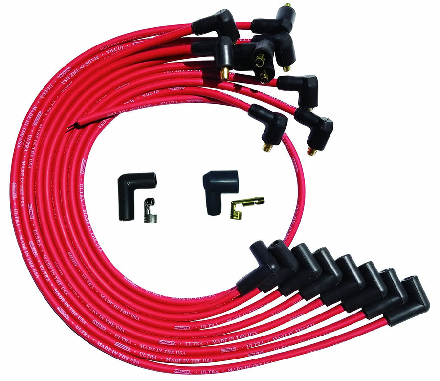 Moroso Ultra Series 52026 Red Spark Plug Wires, Small Block Chevy, Over Valve Cover Routing, 90 Degree Plug Ends, Non HEI Distributor