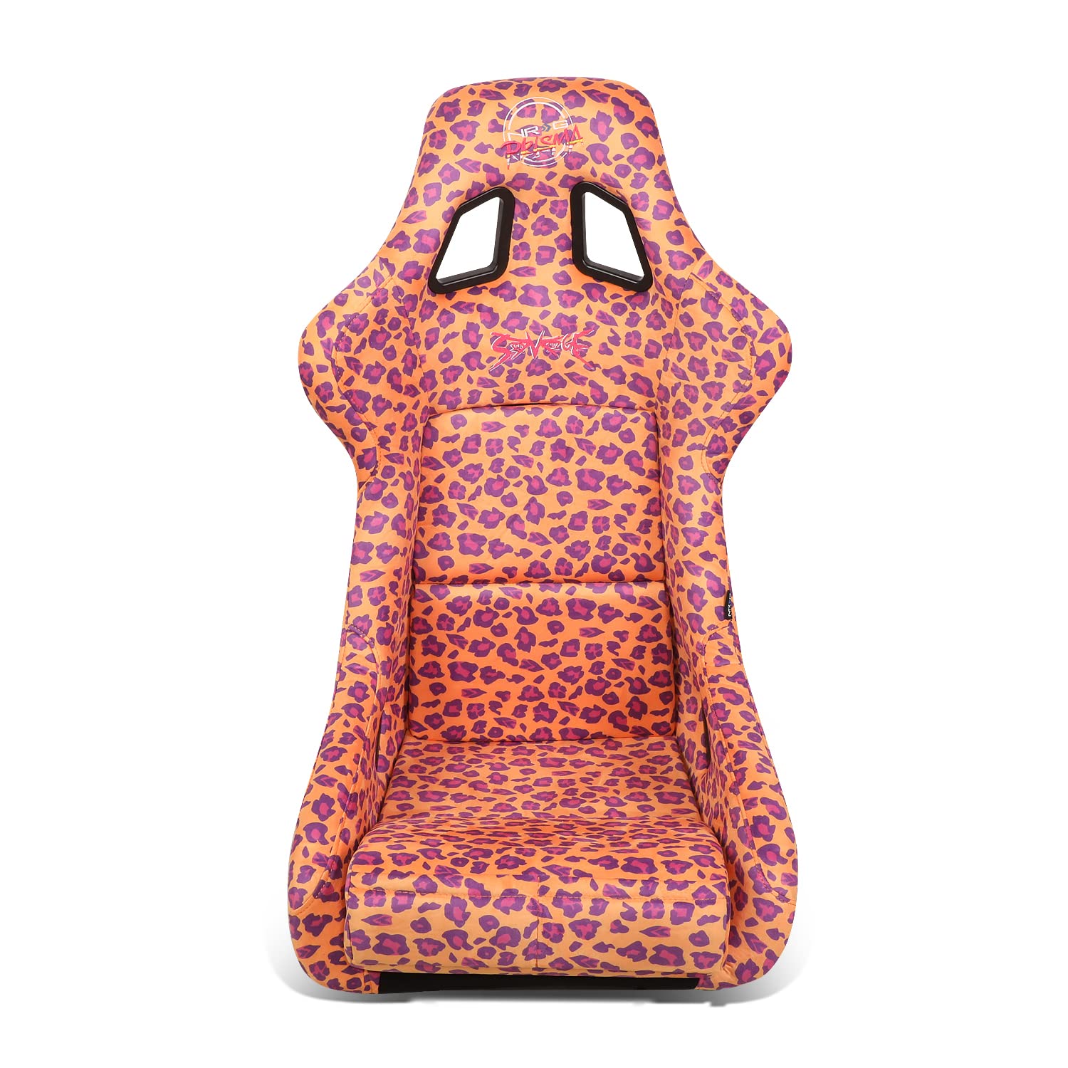 NRG Innovations Prisma Fixed Back Bucket Racing Seat NRG-FRP-302-OR-SAVAGE Bottom Mount Bracket, Orange Savage Leopard Print Fabric White Pearl Back, Orange Leopard Print, 24" W X 36" H X 18" D