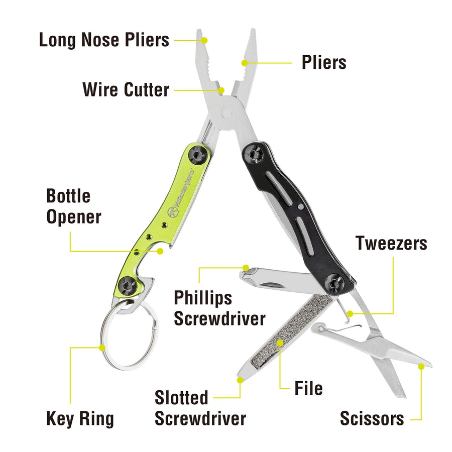 910055 Kilimanjaro Ascend 9 in 1 Multi-Tool -with TSA Compliant, Long Nose Pliers, Wire Stripper, Bottle Opener, Scissors, Phillips and Slotted Screwdriver, Single Cut File, Tweezers, Key Chain