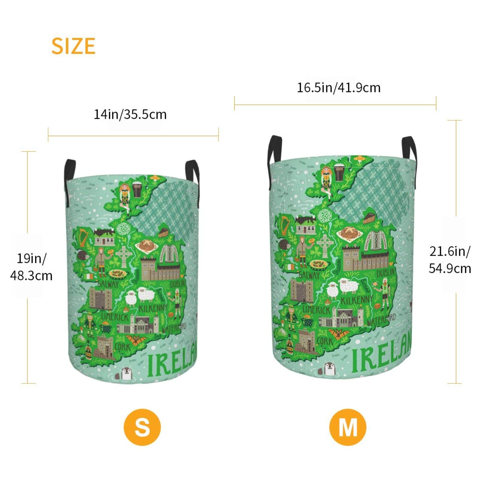 Map Of Ireland Travel Large Storage Baskets With Irish Castles People Symbols Traditional Food (1),Drawstring Waterproof Round Collapsible Laundry Hamper for Dirty Clothes Toy Home Office 21.6"X16.5"