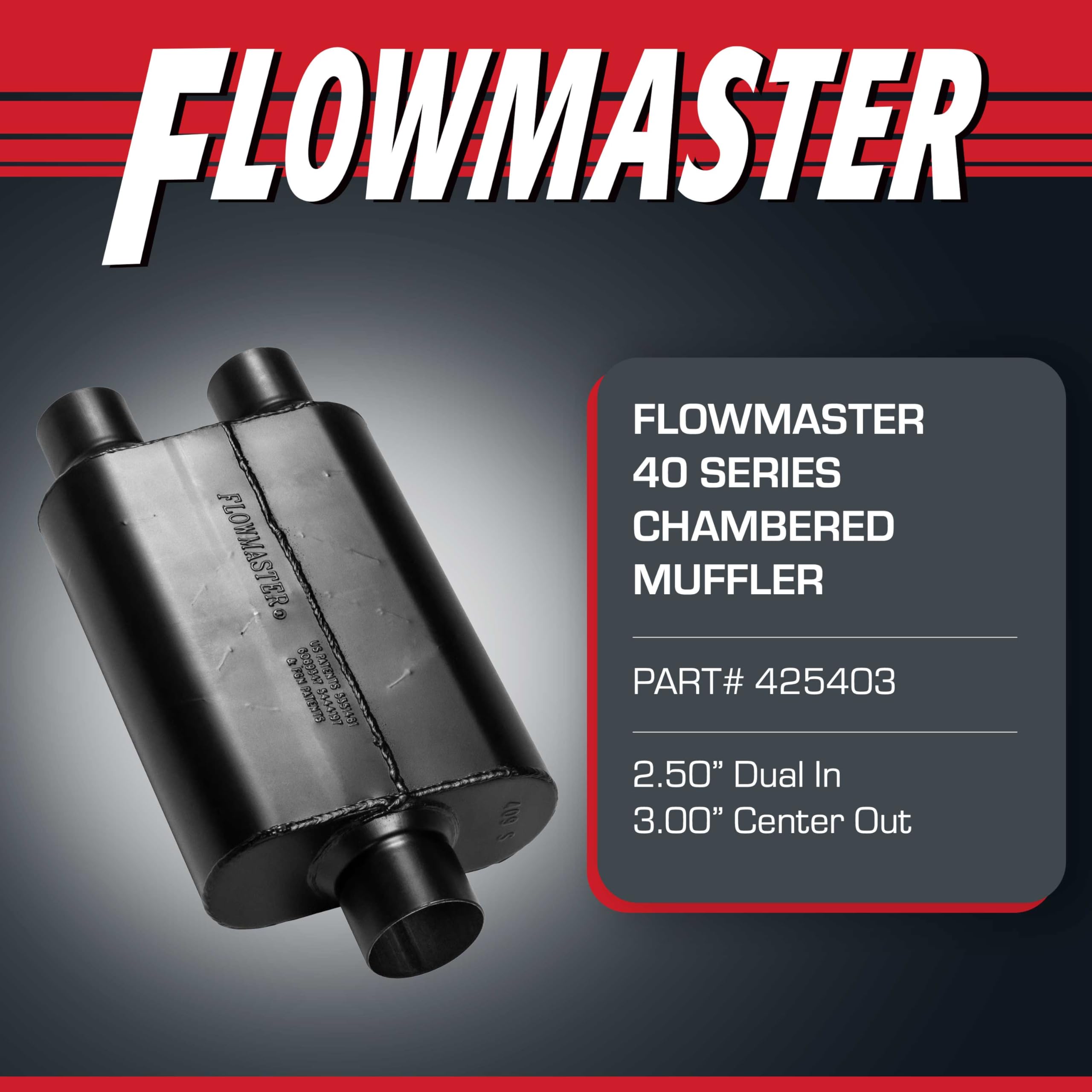40 Series Flowmaster Original Chambered Muffler – 2.50” Center In / 2.50” Offset Out – Aggressive Sound – 16-Gauge Aluminized Steel – For Muscle Cars, Street Rods, Trucks, SUVs & Strip Builds (425403)