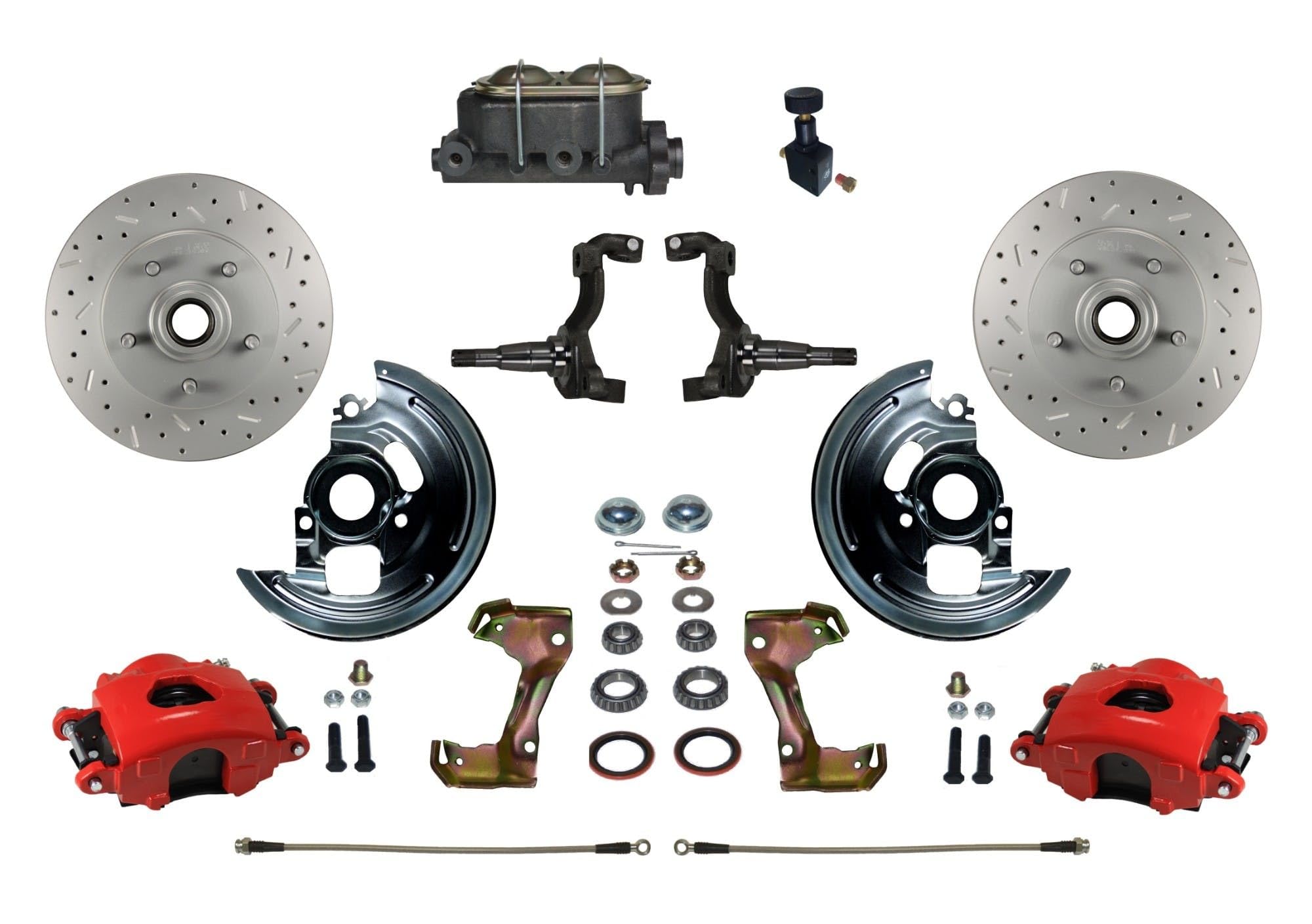 Brakes Leed Manual Front Disc Brake Kit Drilled And Slotted Rotors, Red Powder Coated Calipers With Adjustable Proportioning Valve