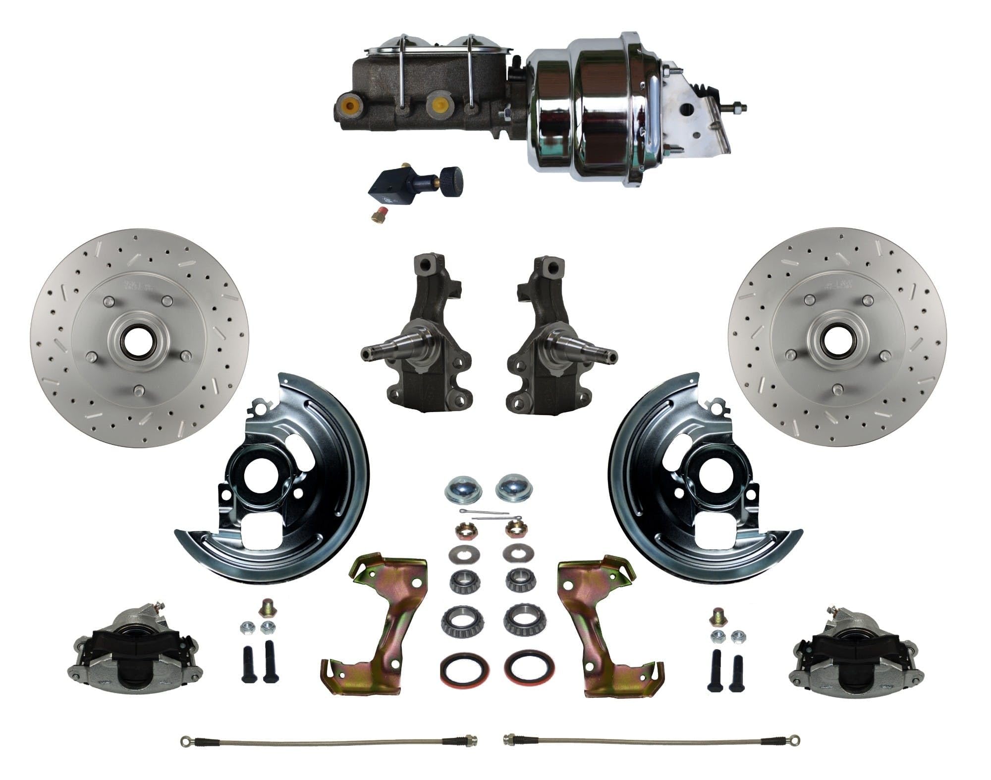 Power Brakes Leed Front Disc Brake Conversion Kit 2" Drop Spindles Cross Drilled And Slotted Rotors With 7" Dual Chrome Booster Cast Iron Chrome Top M/C Adjustable Proportioning Valve