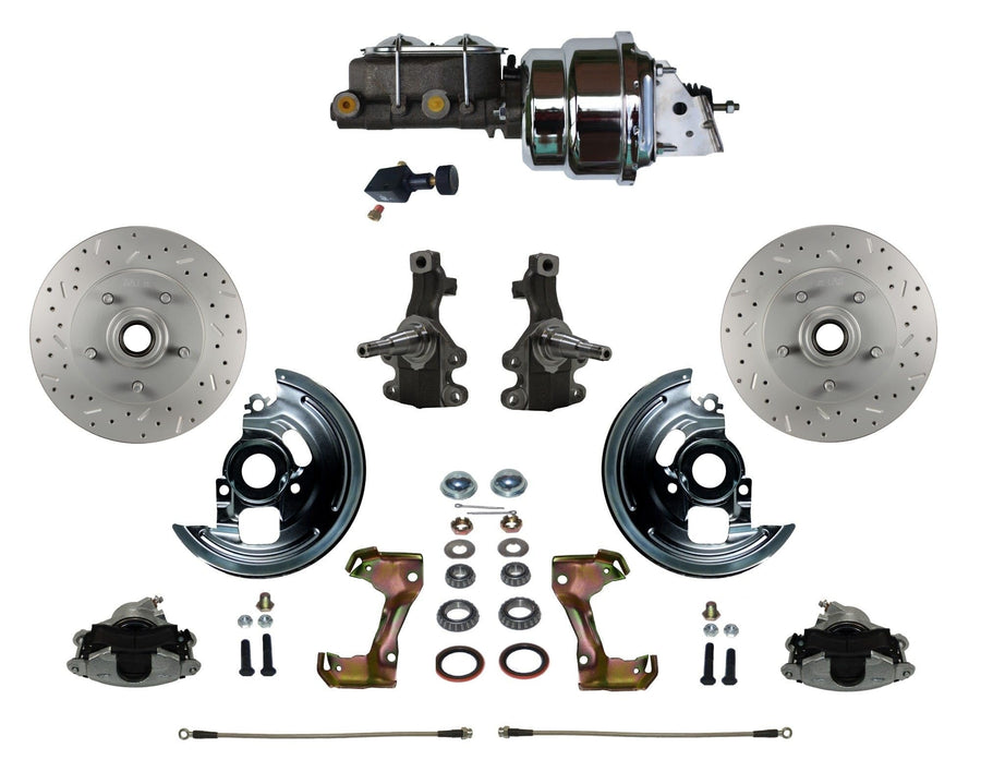 Power Brakes Leed Front Disc Brake Conversion Kit 2" Drop Spindles Cross Drilled And Slotted Rotors With 7" Dual Chrome Booster Cast Iron Chrome Top M/C Adjustable Proportioning Valve
