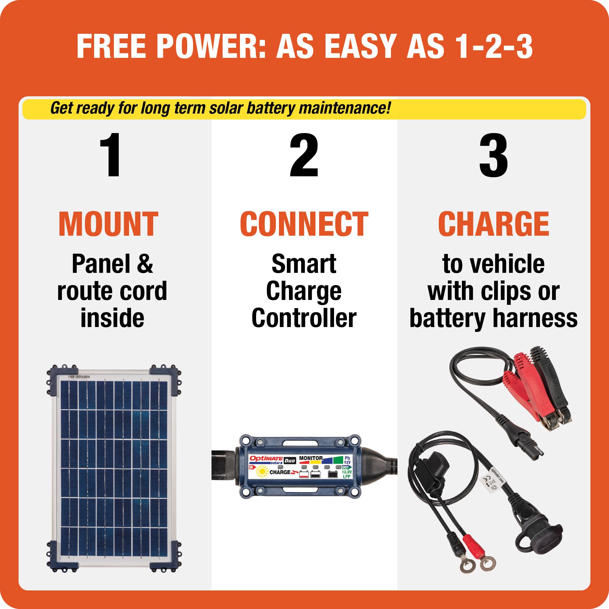 Solar Optimate Duo 10W, TM522-D1, 6-Step 12V / 12.8V 0.83A Weatherproof Charger & Battery Saving maintainer