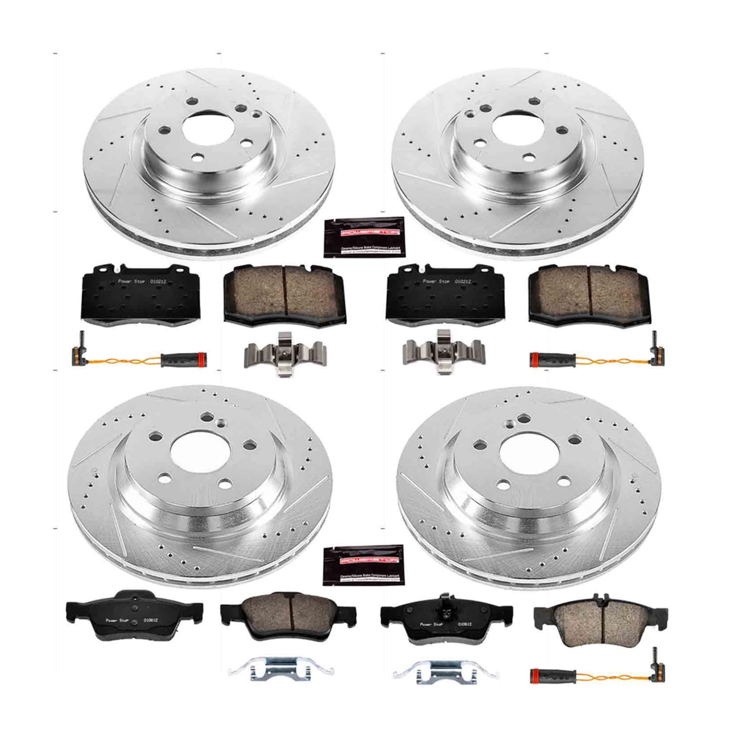 Power Stop K6751 Z23 Carbon Fiber Brake Pads Front and Rear with Drilled & Slotted Brake Rotors Kit and 2 Front & 1 Rear Sensor Wires For Mercedes-Benz SL500 2003 [Model Specific]