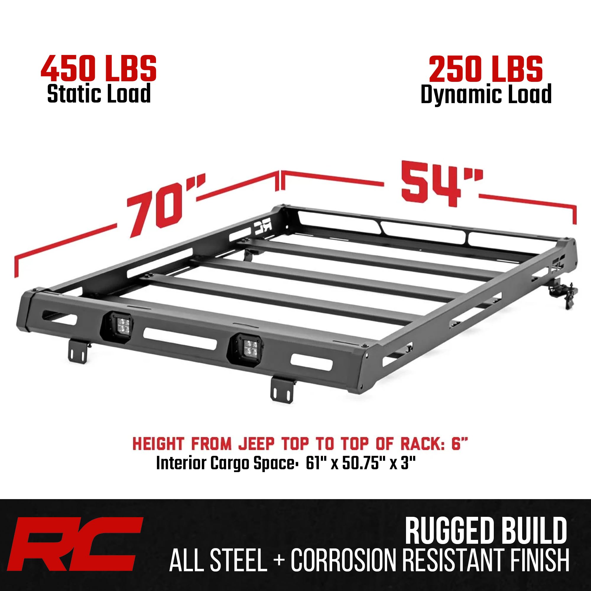 Rough Country Roof Rack for Jeep Wrangler JK (2007–2018) with LED Lights - Heavy-Duty Cargo Rack, 50" LED Light Bar & Dual 2" Flush Mount LEDs, Freedom Top Compatible