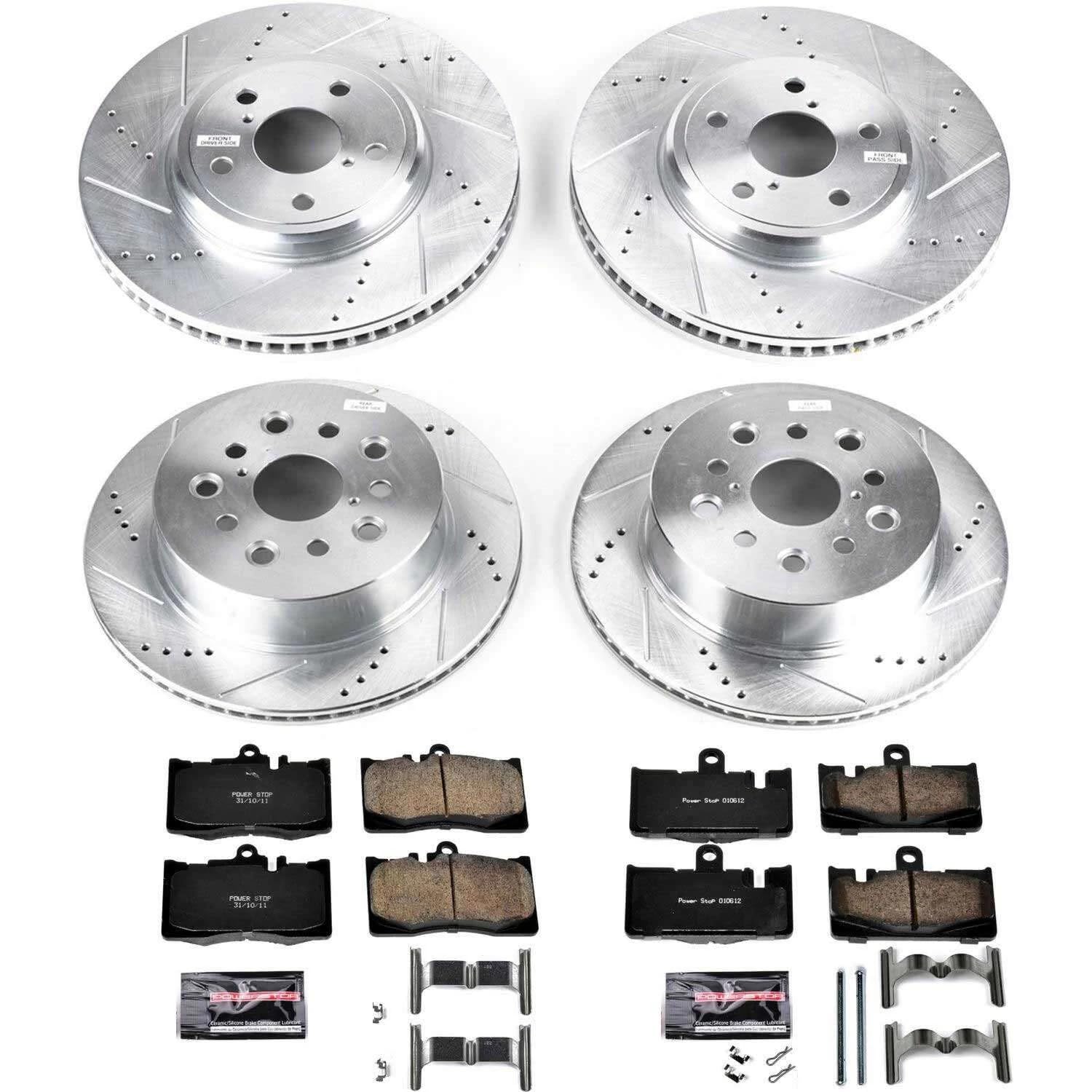 Power Stop K4462 Z23 Daily Driver Carbon-Fiber Ceramic Brake Pads and Front and Rear Drilled and Slotted Rotors Kit and 2 Front & 2 Rear Sensor Wires