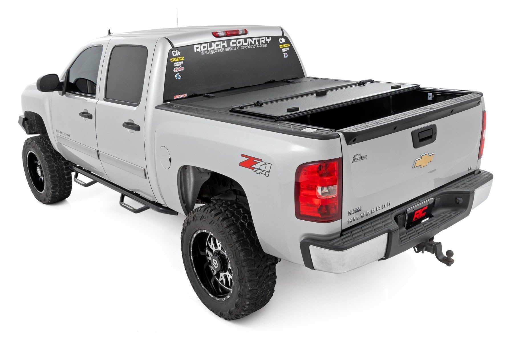 Rough Country Hard Tri-Fold Truck Bed Flip Up Tonneau Cover for Chevy Silverado and GMC Sierra 1500 (2007-2013) - Fits 5'9 (69.3") Bed with Rail Caps