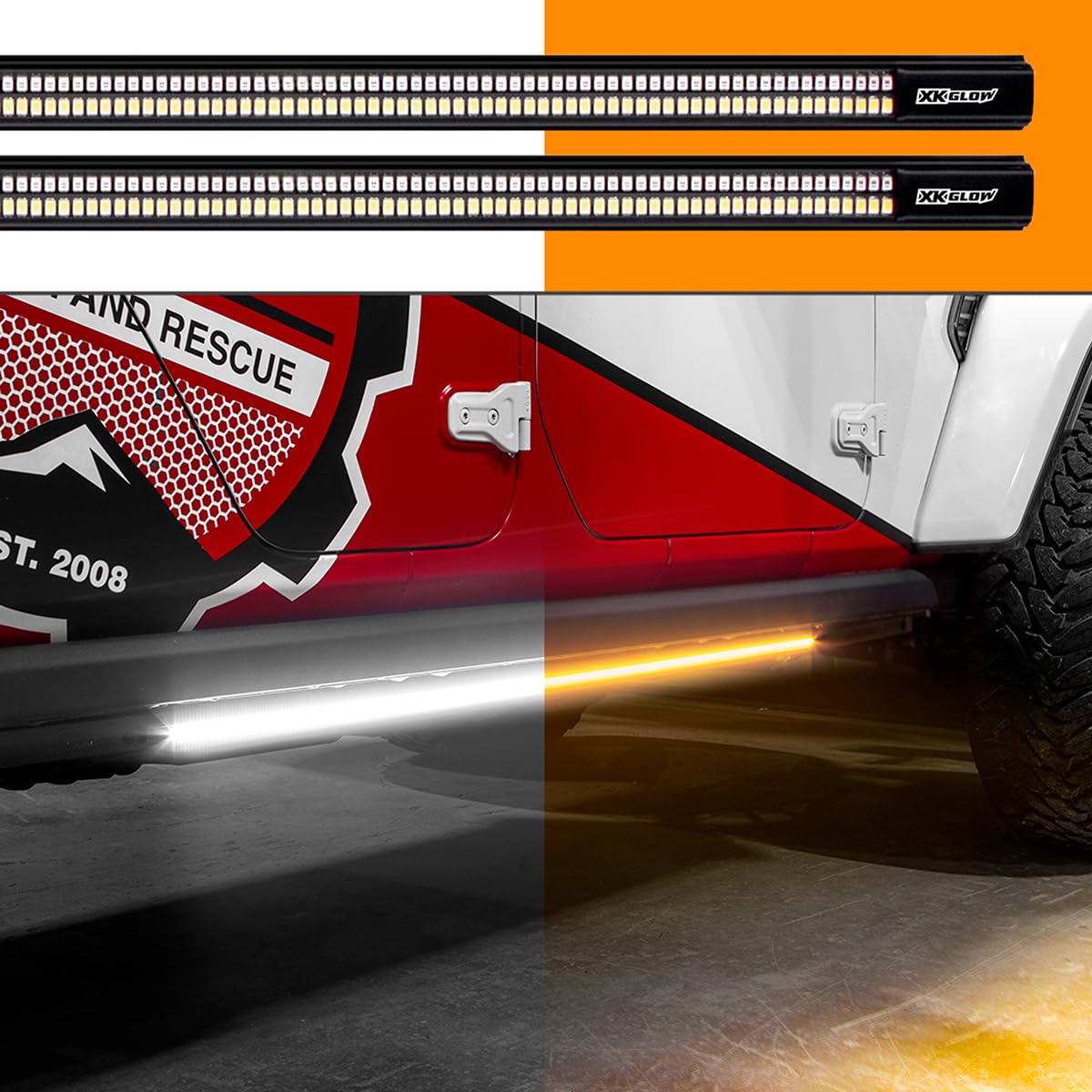 Jeep & Truck XK Glow Running Board Light w/ Turn Signal 2x60in White + Amber