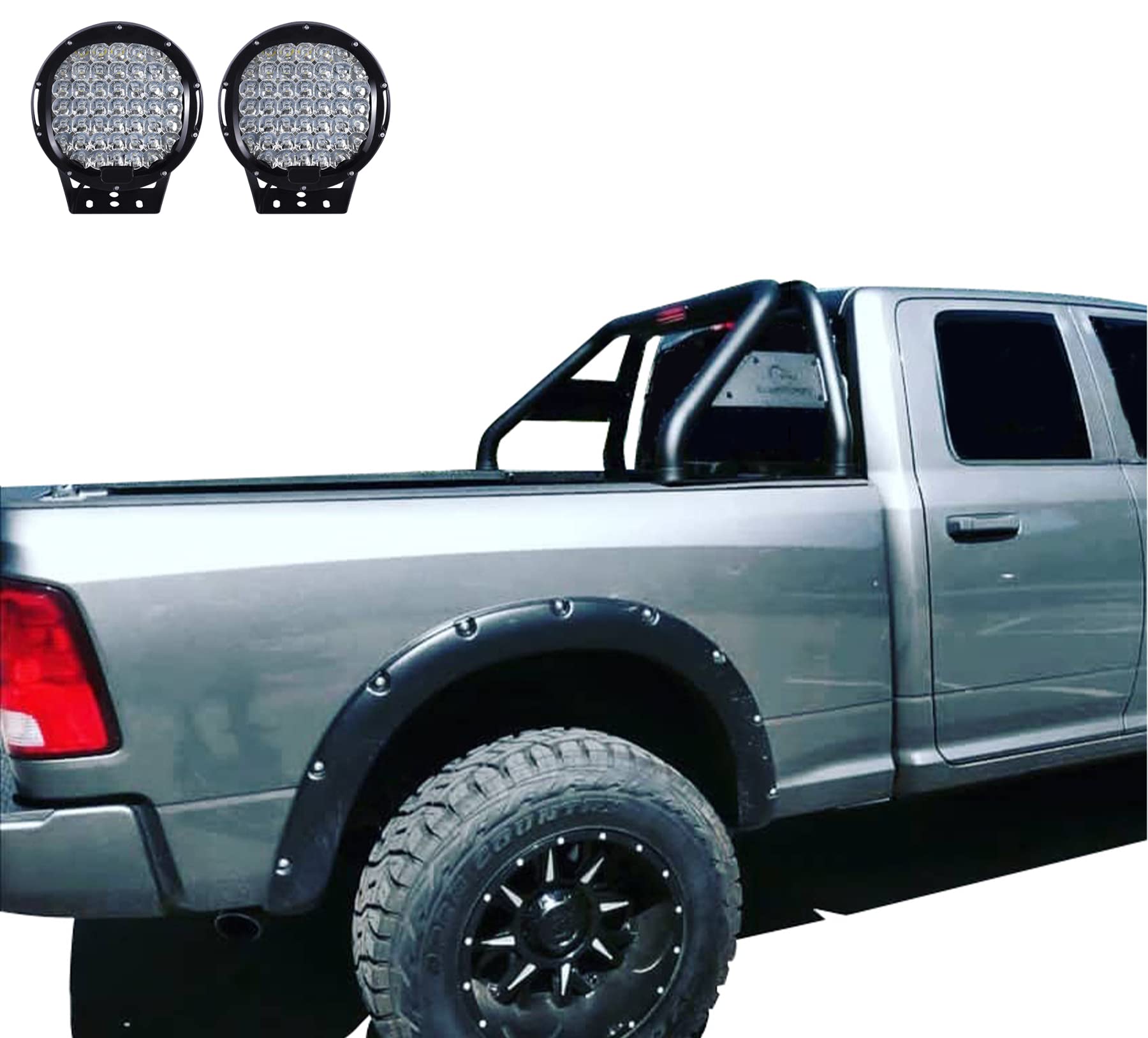 Classic Black Horse Roll Bar Incl.Set of 9 Black Round LED Light Compatible with 19-24 Ram 1500 Excludes Classic models-RB002BK-PL69B