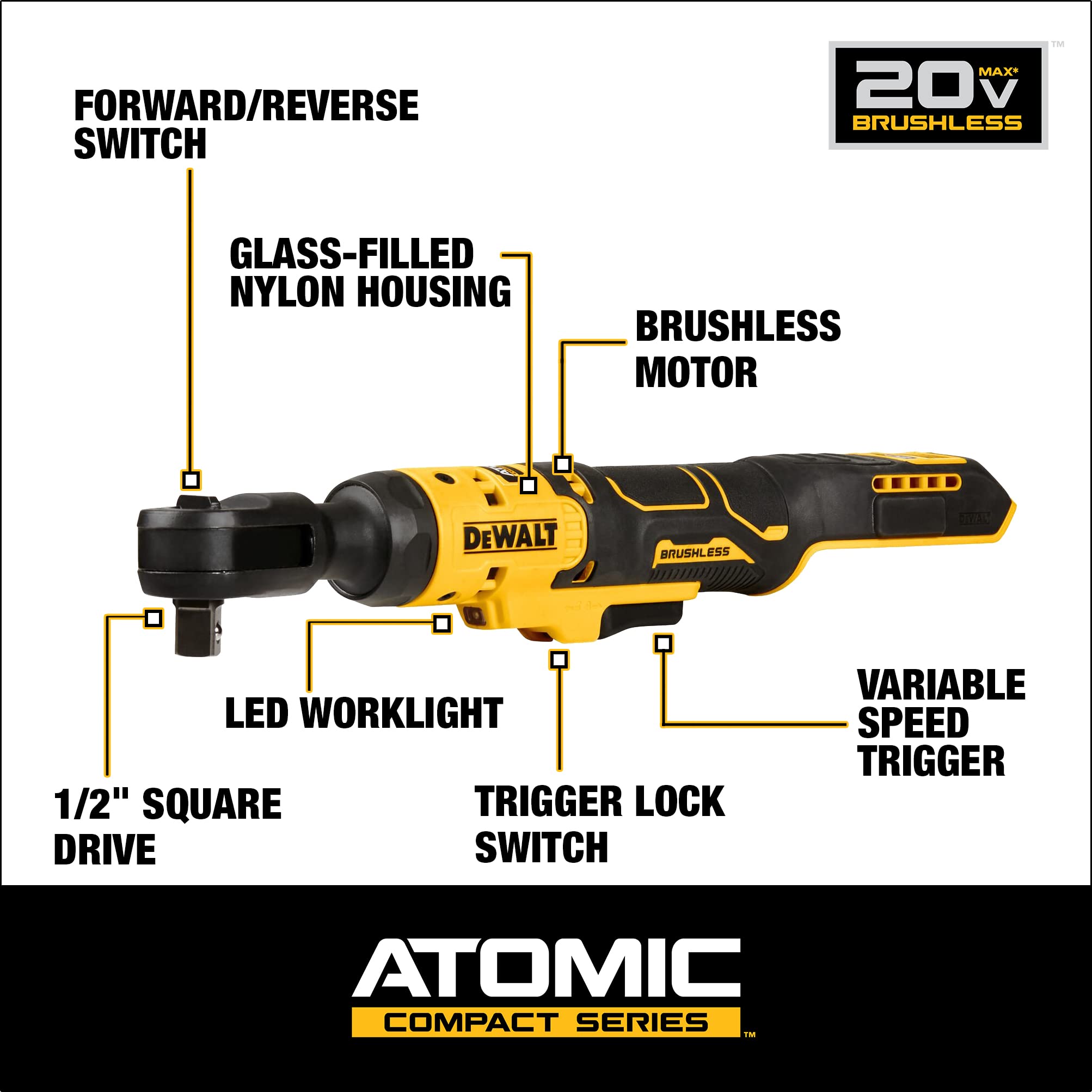 DEWALT 20V MAX ATOMIC Brushless Cordless Ratchet, 1/2 Inch, Bare Tool Only (DCF512B)