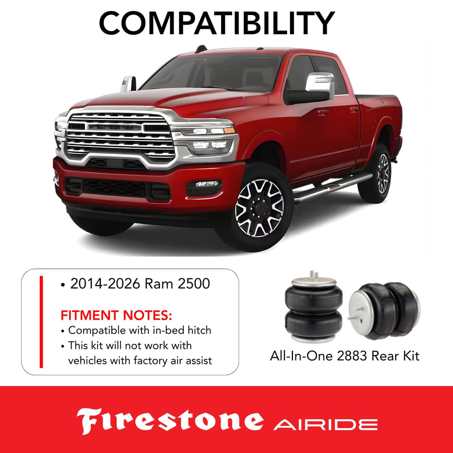 Airide Firestone 2883 All-In-One Analog Rear Air Spring Kit fits 2014-2026 Ram 2500 without Factory Air Assist | Up to 5,000 lbs Load Capacity | 5-100 PSI | Easy Installation