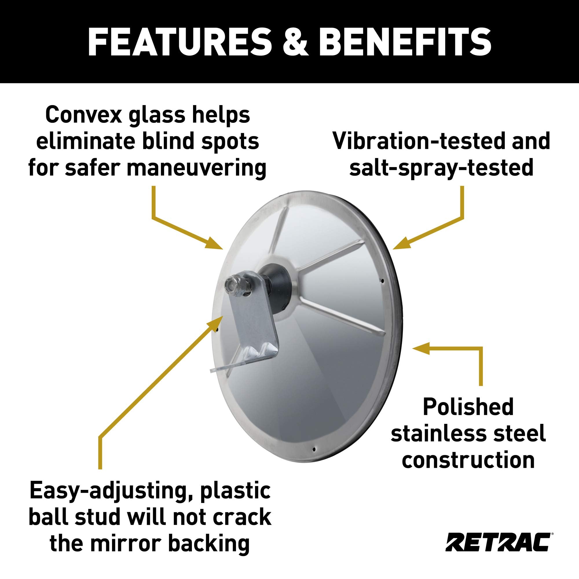 8-Inch Stainless Steel RETRAC Offset-Mount Convex Mirror Head with Plastic Ball Stud, J-Bracket, Universal Driver or Passenger Side