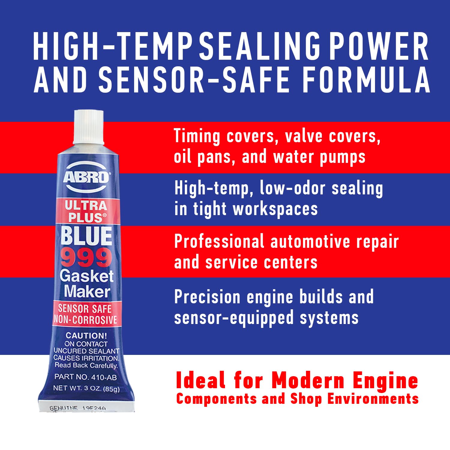 Ultra Plus ABRO 999 RTV Silicone Sealant and Gasket Maker, for Import Engines, Sensor Safe, Non-Corrosive, High Temp Head Gasket Sealer, 650 Degrees F, 3 oz. Tube - Blue