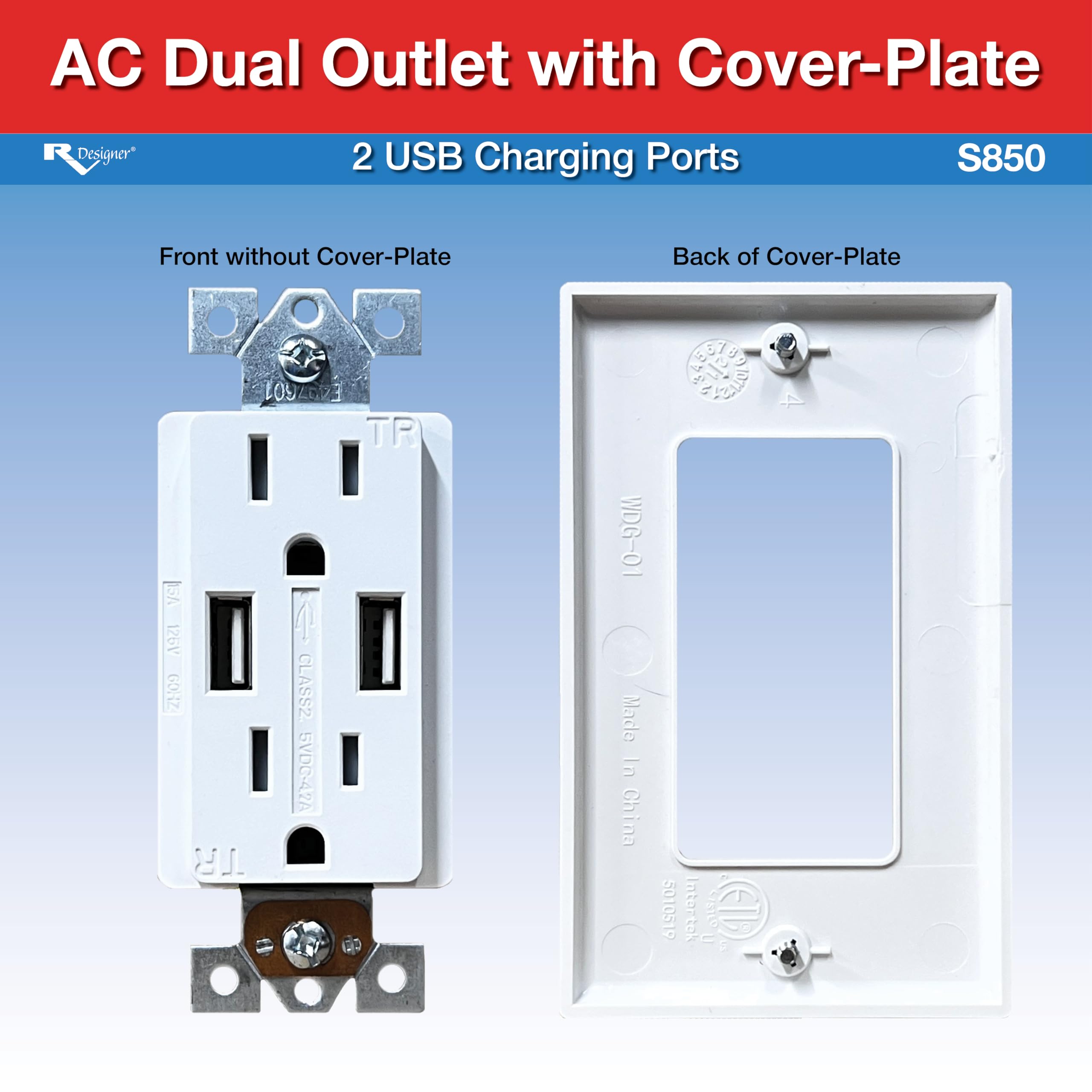 AC Dual Outlet RV Designer S850 with Cover & 2 USB Charge Ports, White