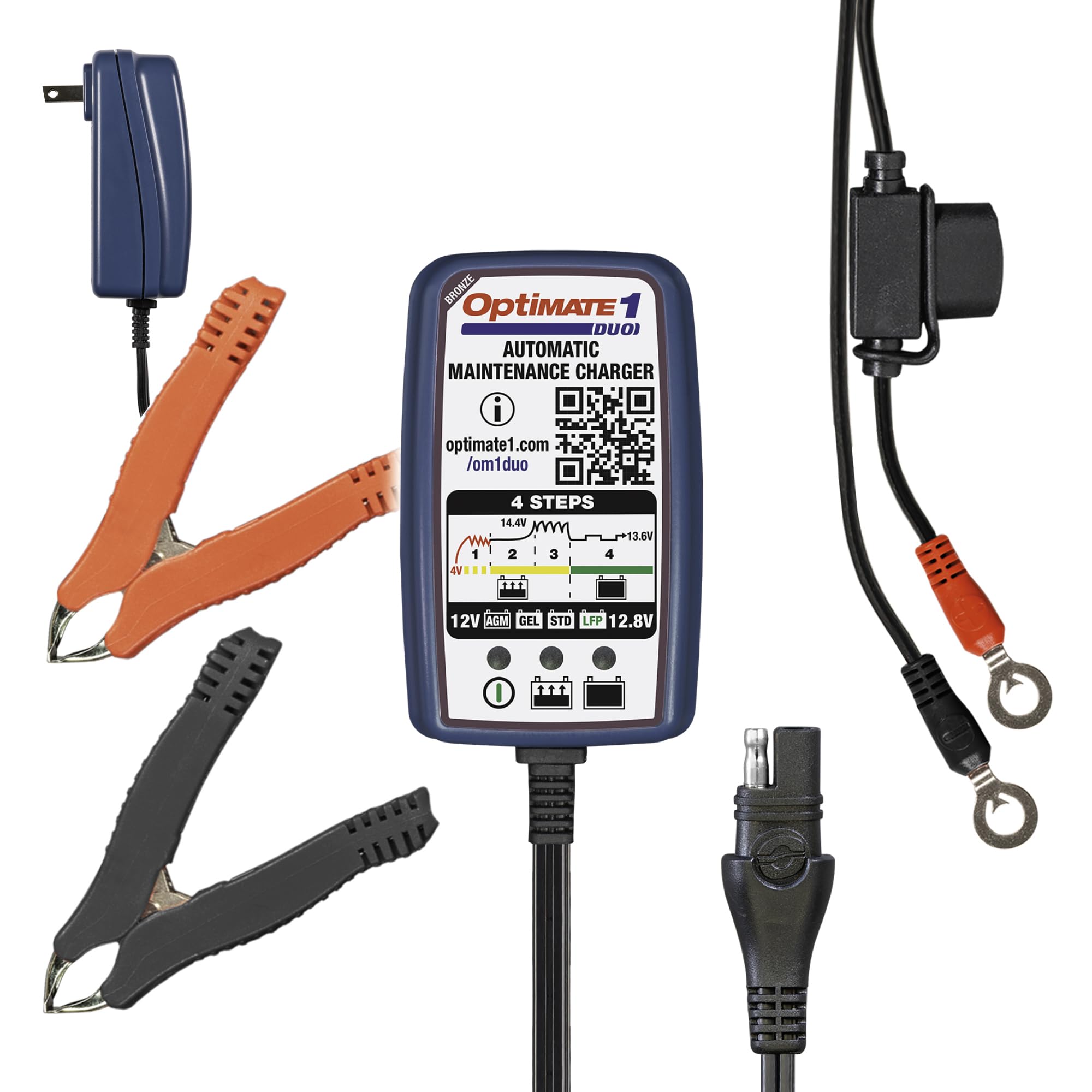 TecMate Optimate 1 Duo, TM-409, 12V / 12.8V 0.6A Battery Charger & maintainer 4-Step