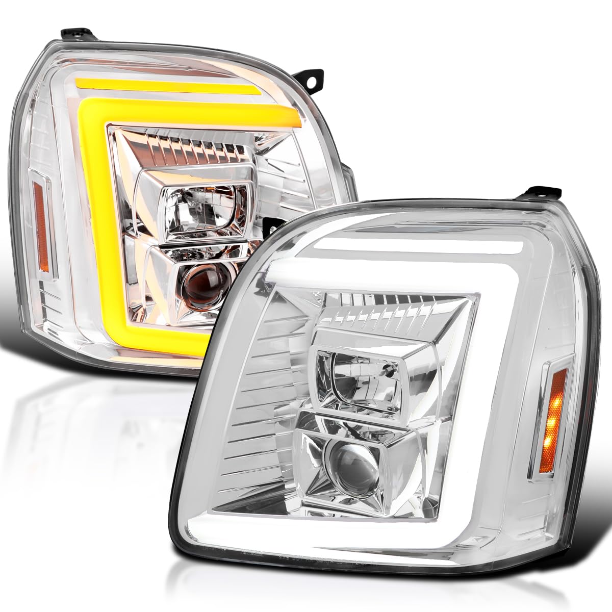 Chrome Sequential LED Signal Tube Projector Headlights SPEC-D TUNING Compatible with 2007-2014 GMC Yukon/Yukon XL Denali 1500 2500, Left + Right Pair Headlamps Assembly