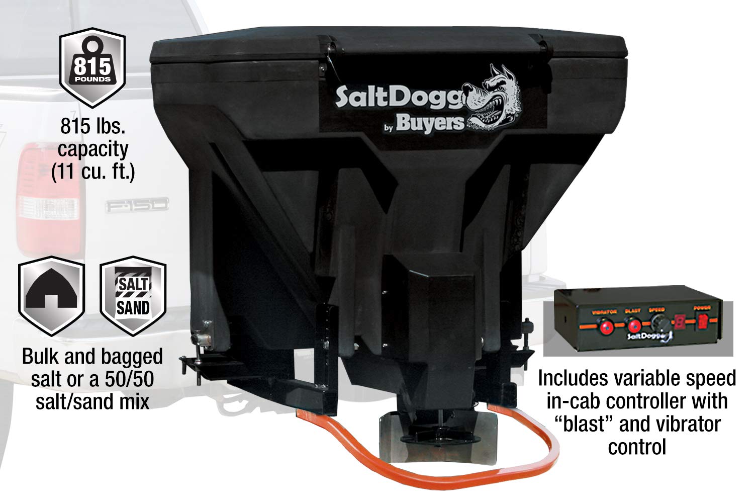 Buyers Products TGS07 Saltdogg Tailgate Salt Spreader, Made In The USA, 11 cu ft/825lb Capacity, Horizontal Auger Feed, Commerial Salt Spreader With Ground or Truck Bed Loading