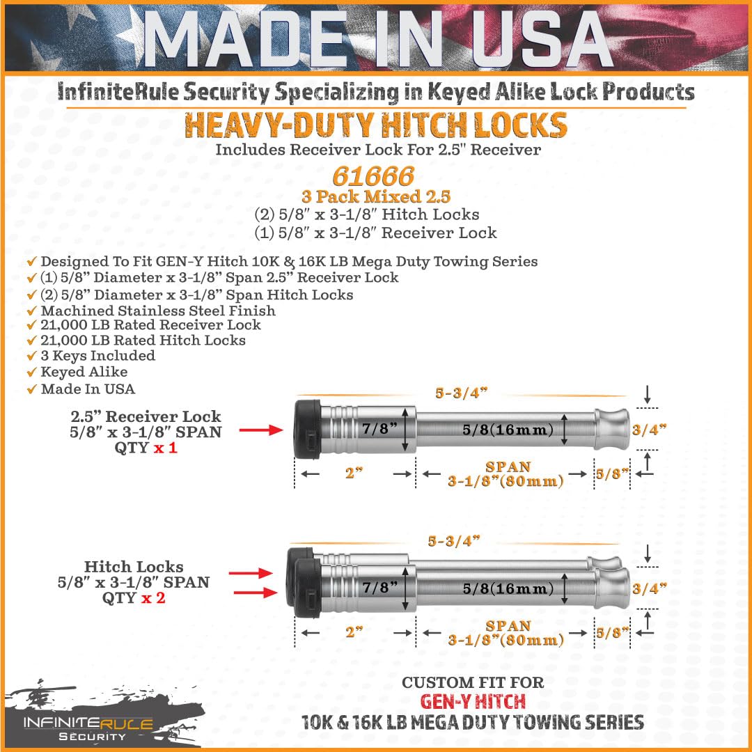 Security InfiniteRule 61666 | 3 Pack Mixed 2.5, Keyed Alike, Hitch Locks for Gen-Y Hitch Mega Duty 10K LB & 16K LB Series - Includes Lock for 2.5" Receiver