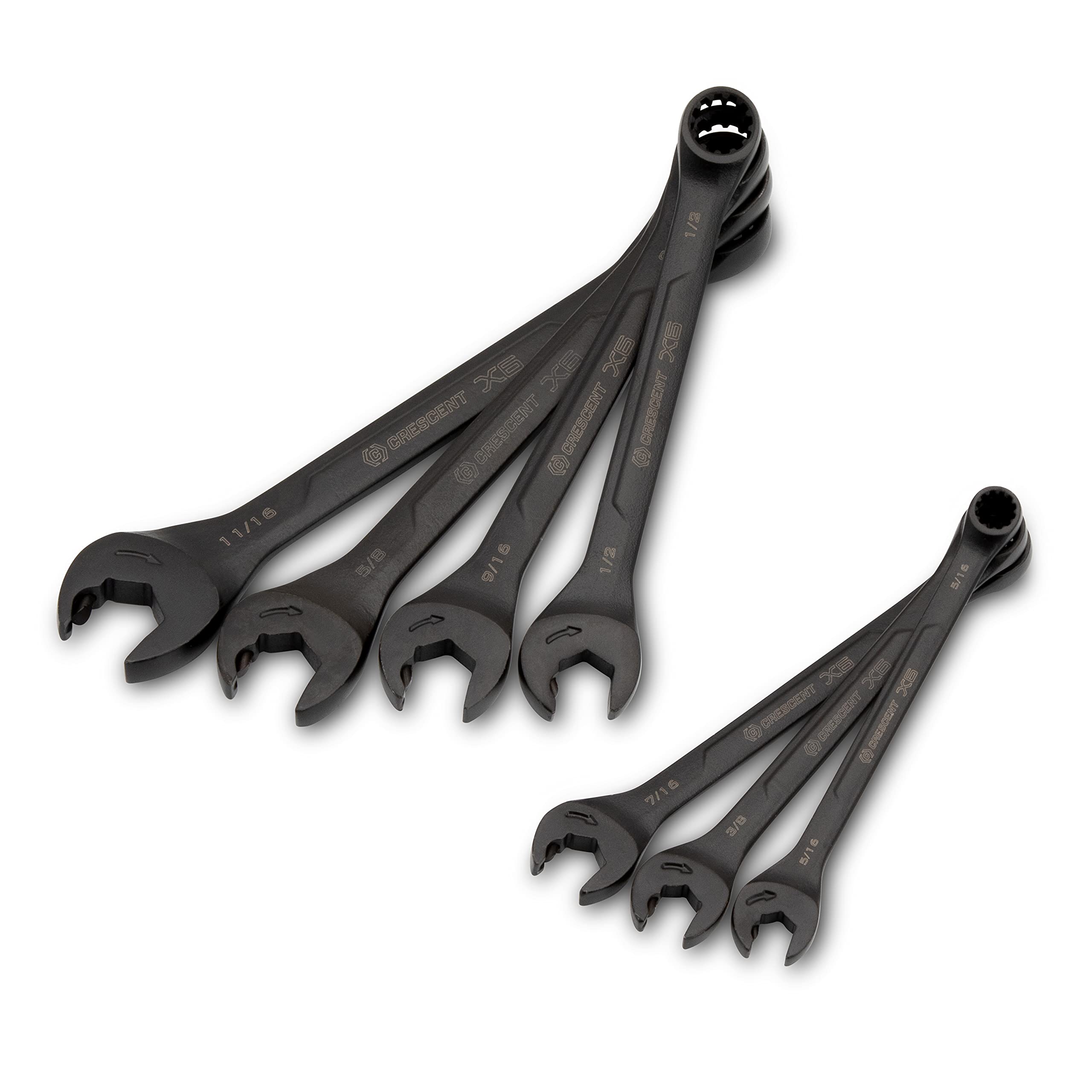 7 Piece Crescent X6 Black Oxide Spline Open End Ratcheting Combination SAE Wrench Set - CX6RWS7