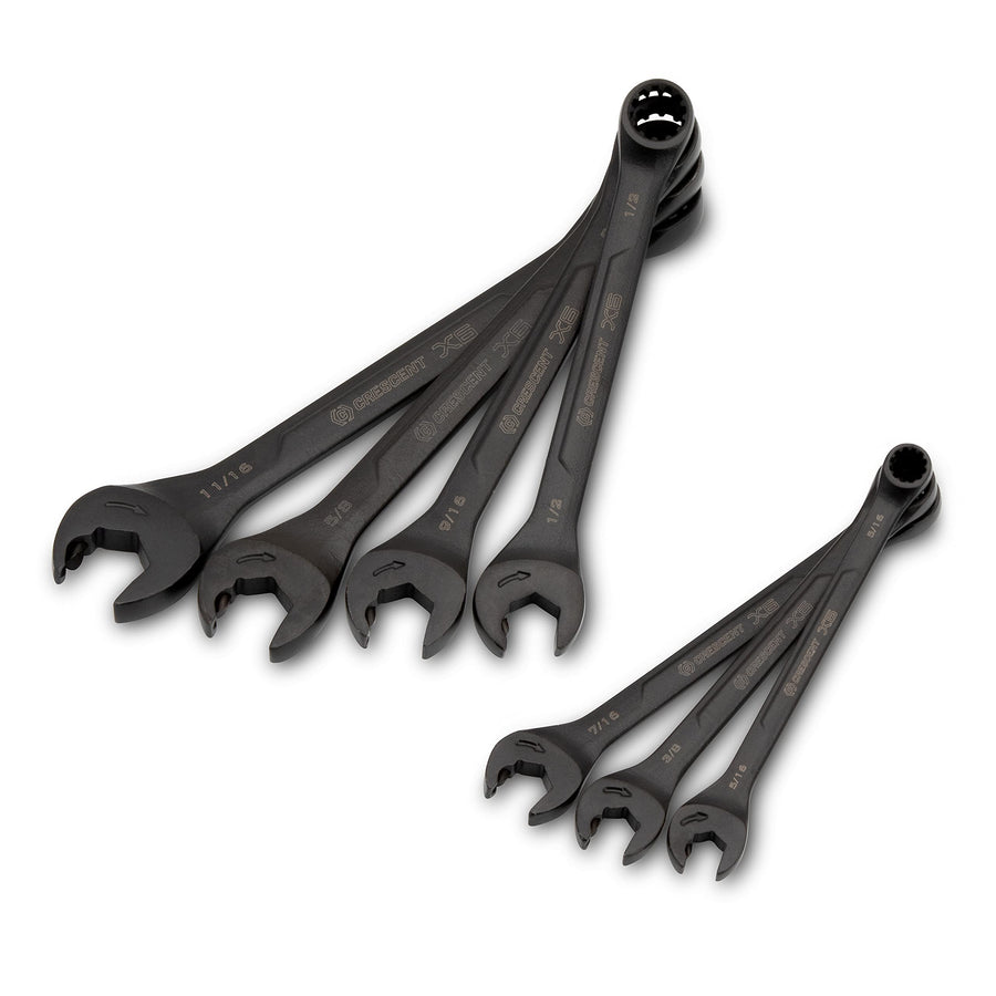 7 Piece Crescent X6 Black Oxide Spline Open End Ratcheting Combination SAE Wrench Set - CX6RWS7