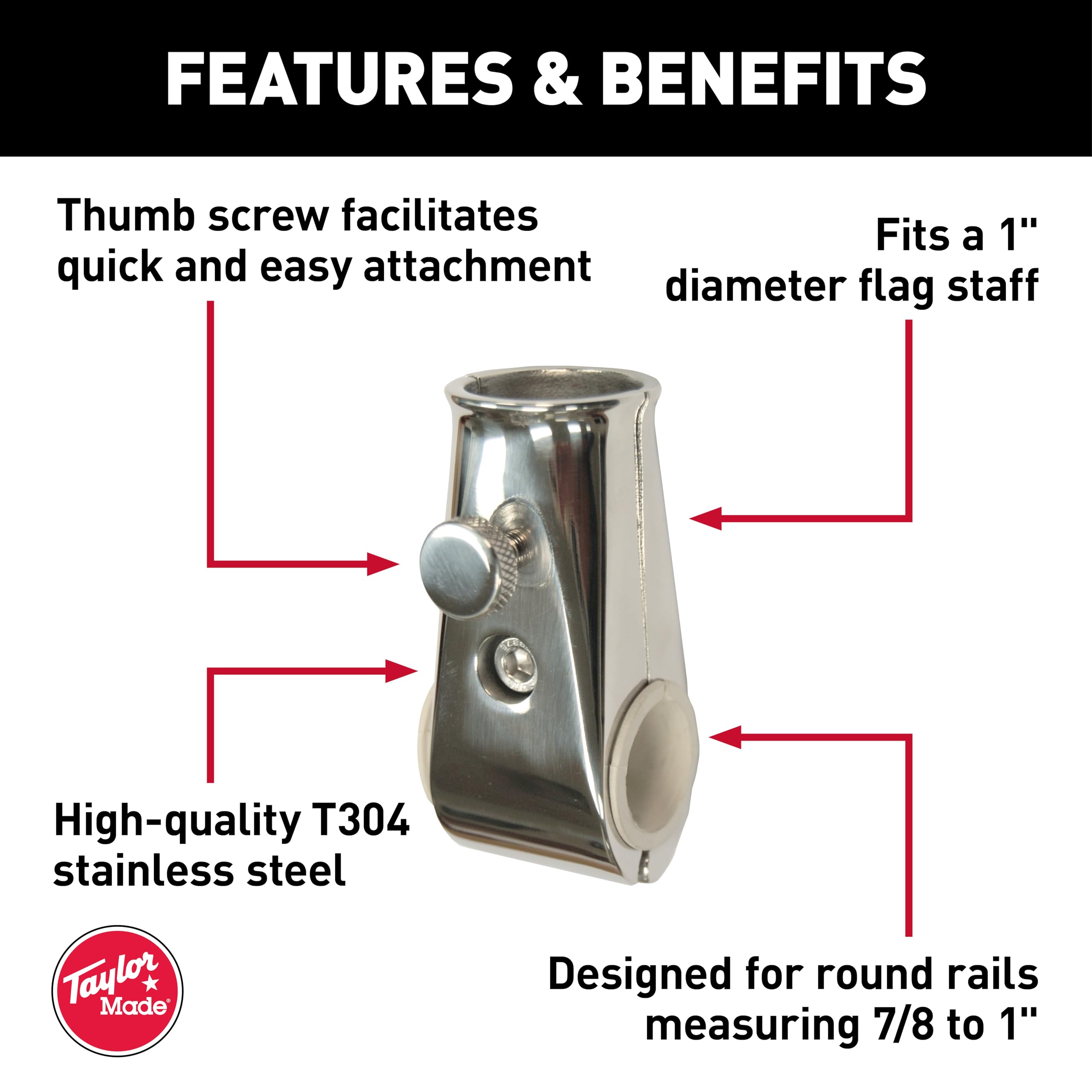 Taylor Made Flag Pole Socket for Rail Mount 7/8" to 1" Rails with 1" Flag Staff — Perpendicular Mount with Adjustable Angle - Secure Fit - Made in the USA from T304 Stainless-Steel — 2020109091