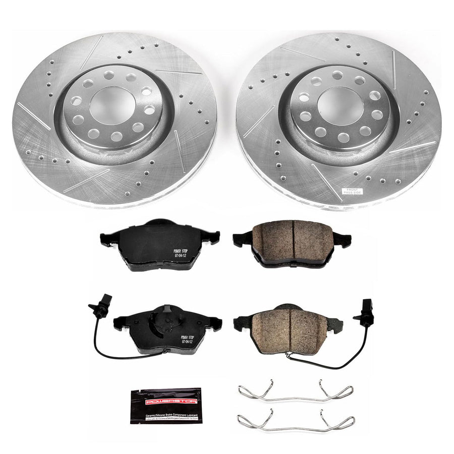 Power Stop K636 Front Brake Pads Z23 Carbon Fiber with Drilled & Slotted Brake Rotors Kit For Audi A4, Audi A4 Quattro, Audi A6, Audi A6 Quattro [Model Specific]