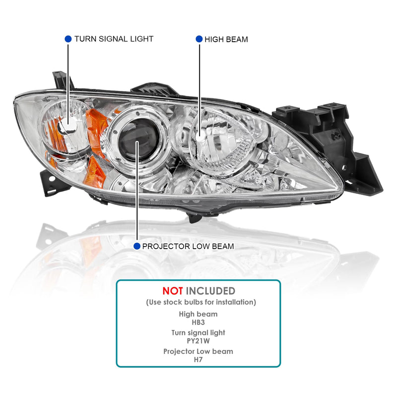 Chrome Halogen Projector Headlights SPEC-D TUNING Compatible with 2004-2009 Mazda 3 4Dr Sedan, Left + Right Pair Headlamps Assembly